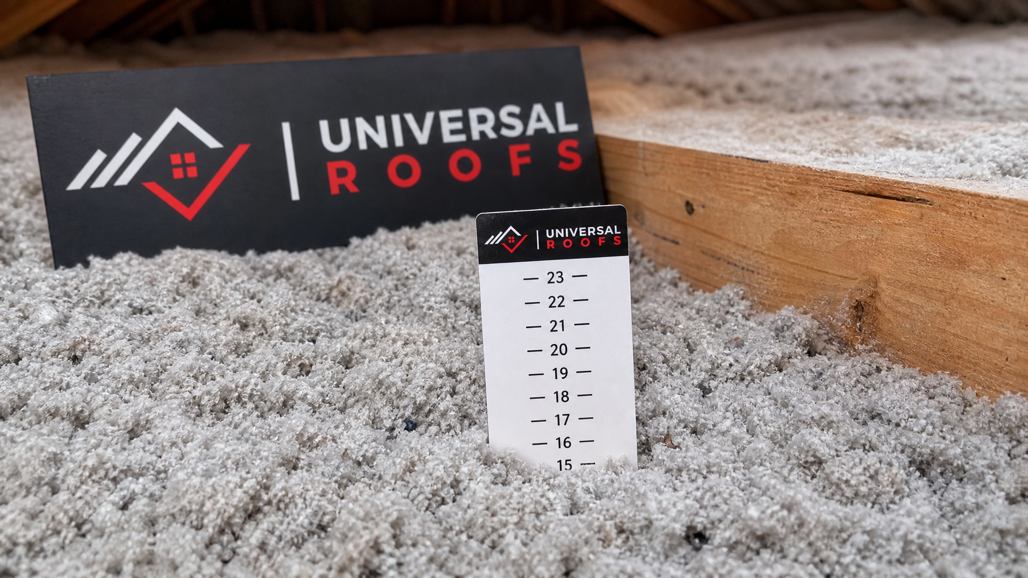 Close-up detail of blown-in cellulose insulation depth against a ruler gauge in a Toronto attic, showing even coverage around a joist