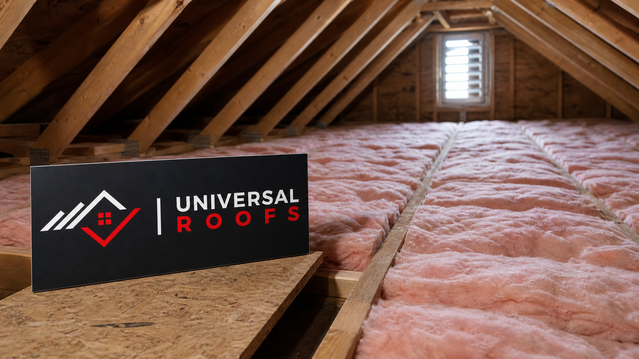 Bright, well-insulated Toronto attic with new fibreglass batt insulation neatly installed between roof joists, summer daylight streaming through a small vent