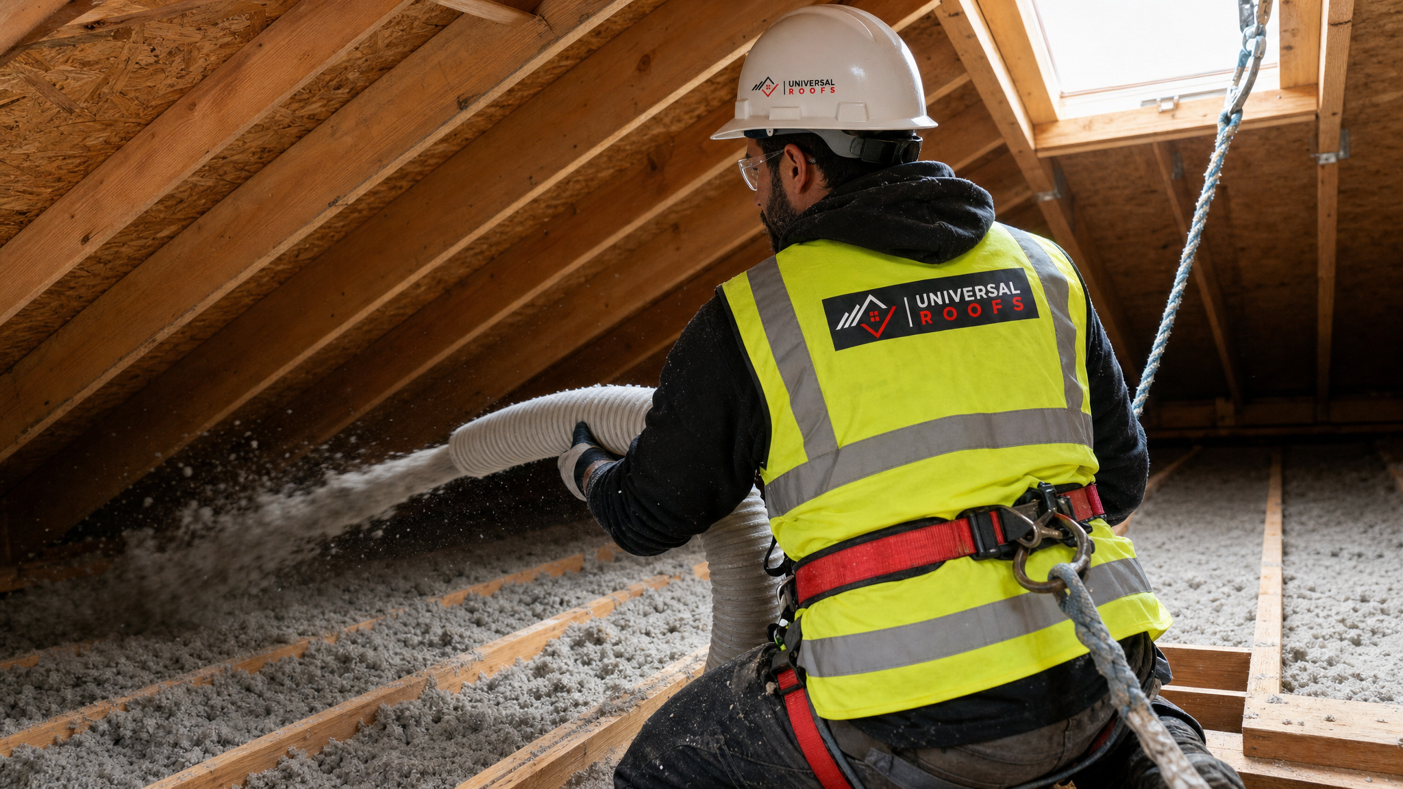 Roofing insulation technician wearing hard hat, hi-vis safety vest, safety glasses, gloves, and fall-protection harness installing blown-in insulation in a Toronto attic on a sunny day