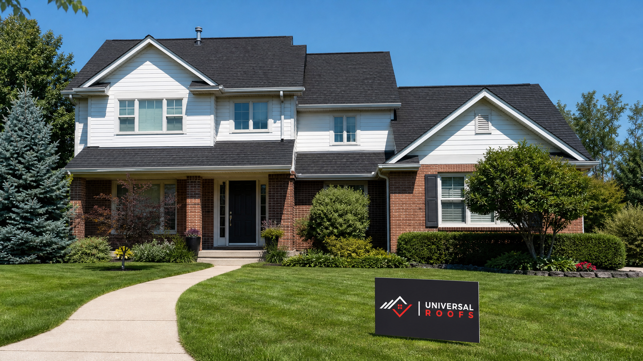 A newly completed asphalt shingle roof replacement on a Toronto-area home in summer daylight with a branded Universal Roofs sign placard resting on the front lawn