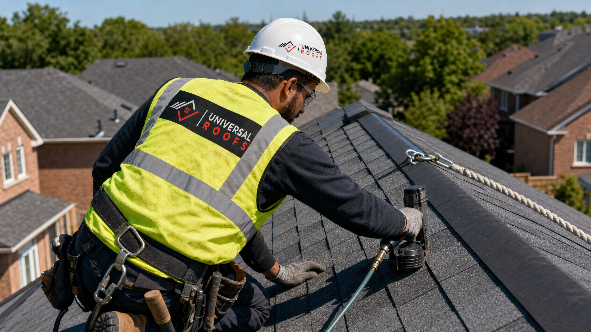 A roofer wearing full safety gear installs asphalt shingles during a budget friendly roof replacement on a sloped residential roof in the GTA