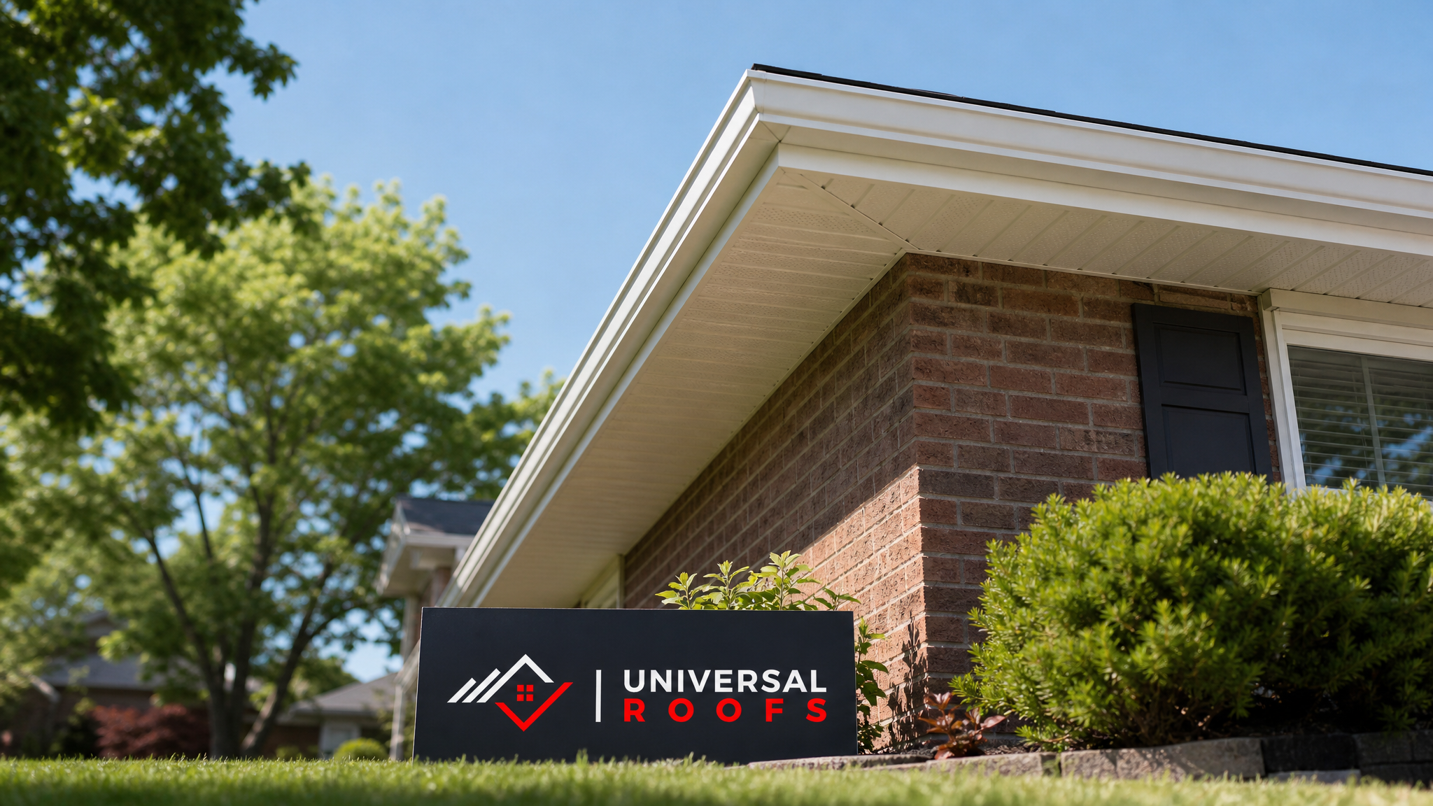 Newly repaired white aluminum soffit and fascia along the eaves of a Toronto home in summer daylight