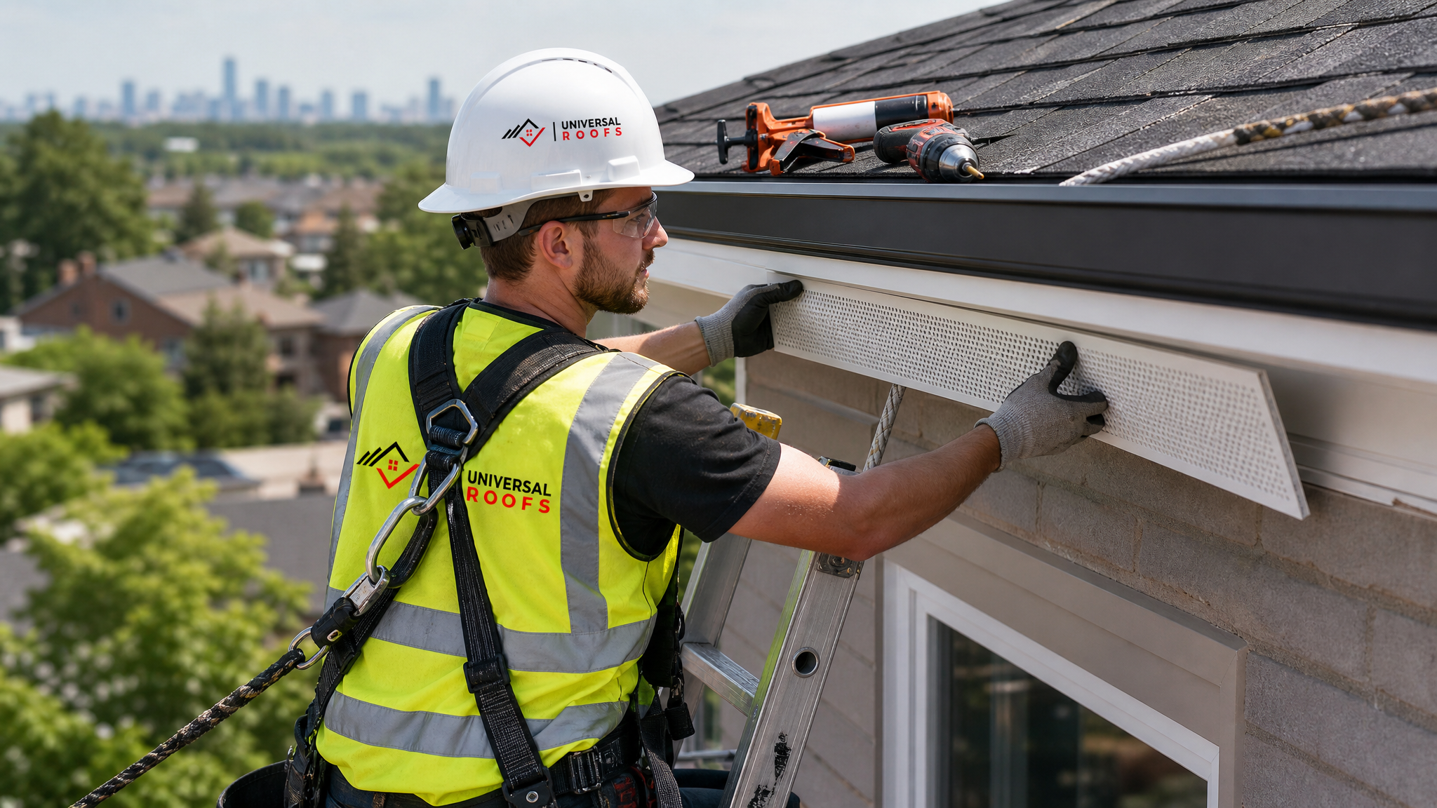 Roofing technician on a ladder installing new fascia board and securing soffit panels with full fall-protection safety gear