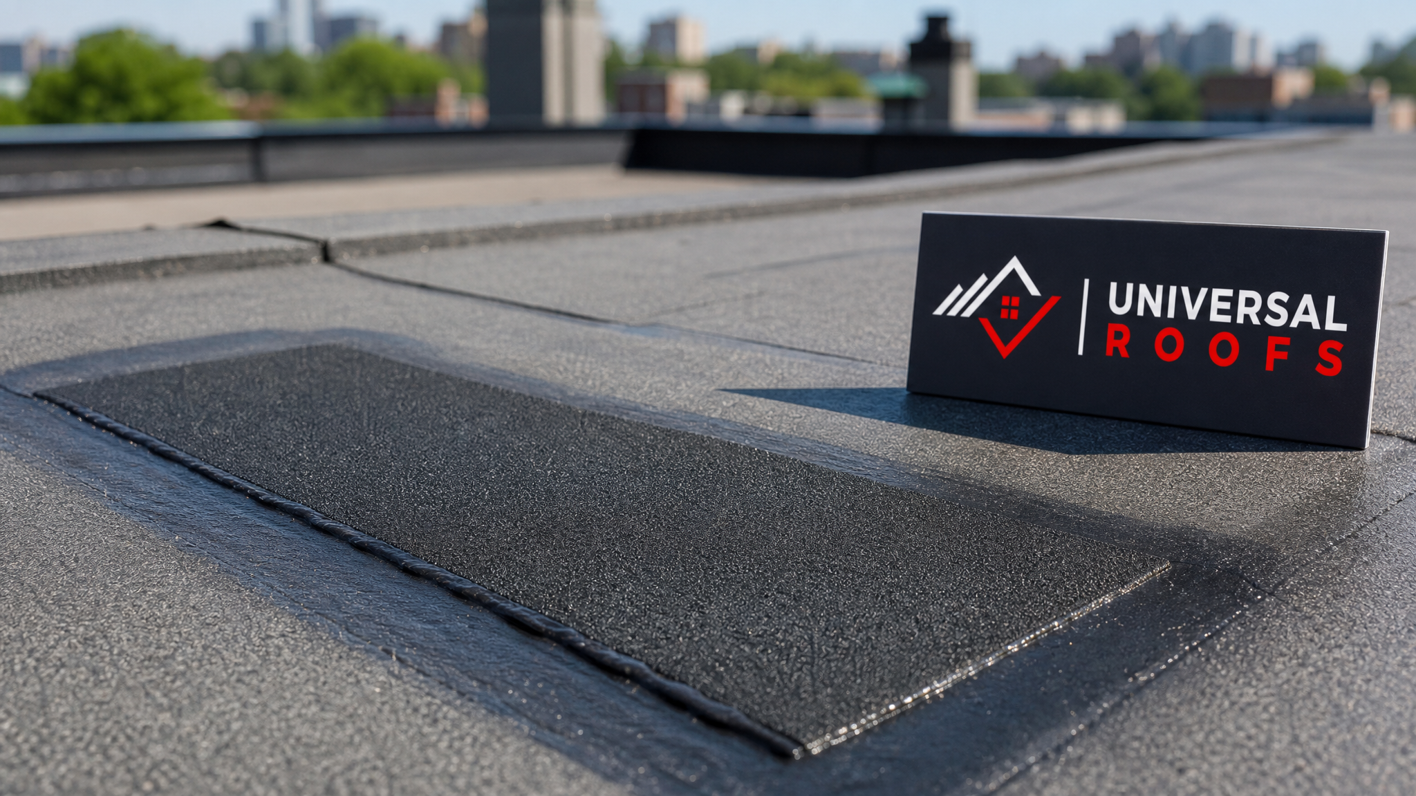 Close-up of a flat roof membrane patch showing sealed seams and granulated surface