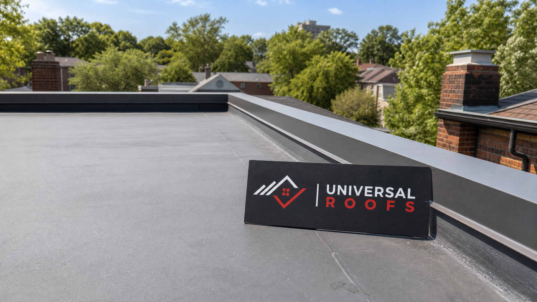 Freshly repaired flat roof membrane on a Toronto home in summer daylight with a Universal Roofs branded sign placard nearby