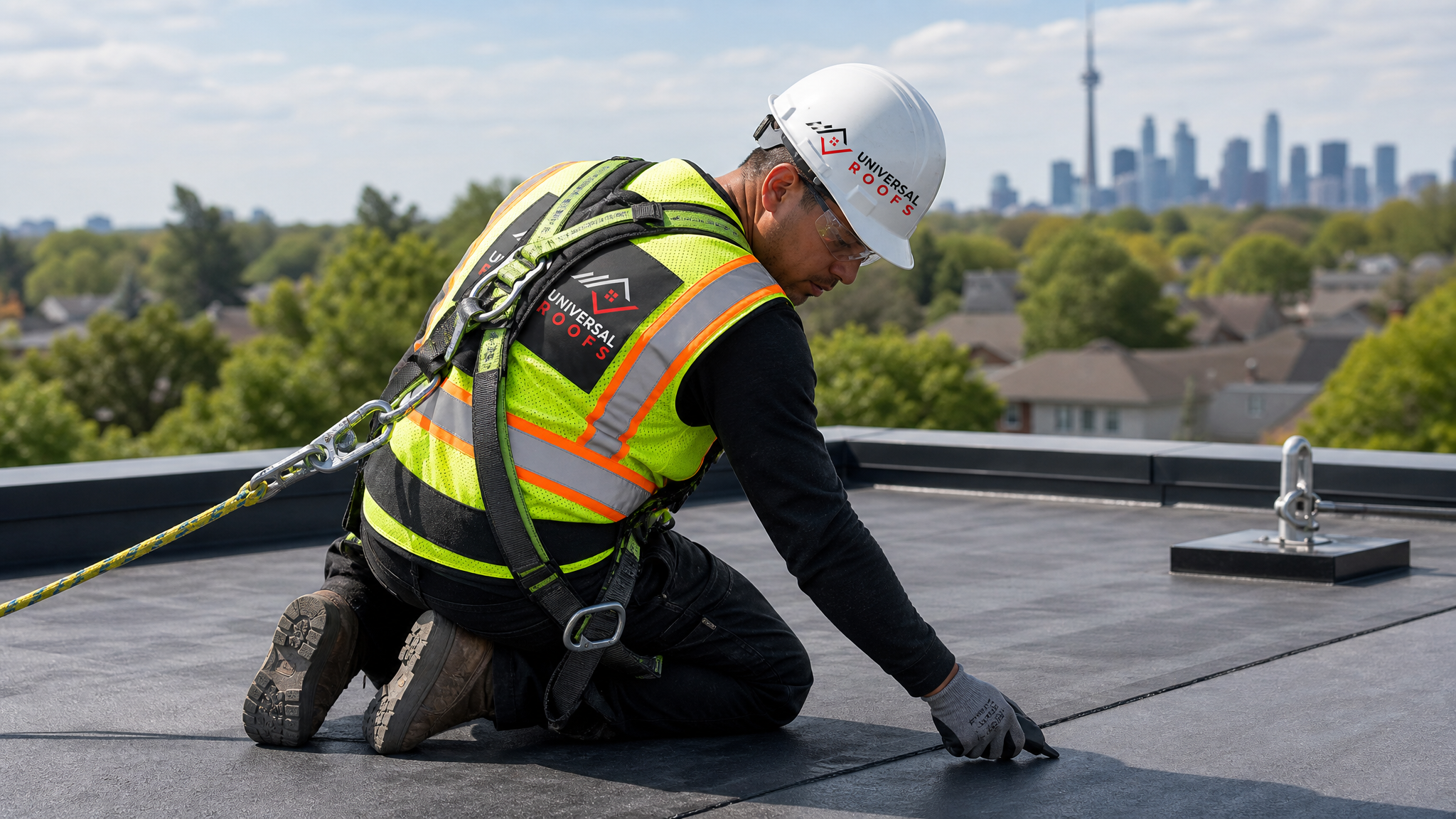 Roofing technician in full safety gear inspecting a flat roof membrane seam to prepare a repair estimate