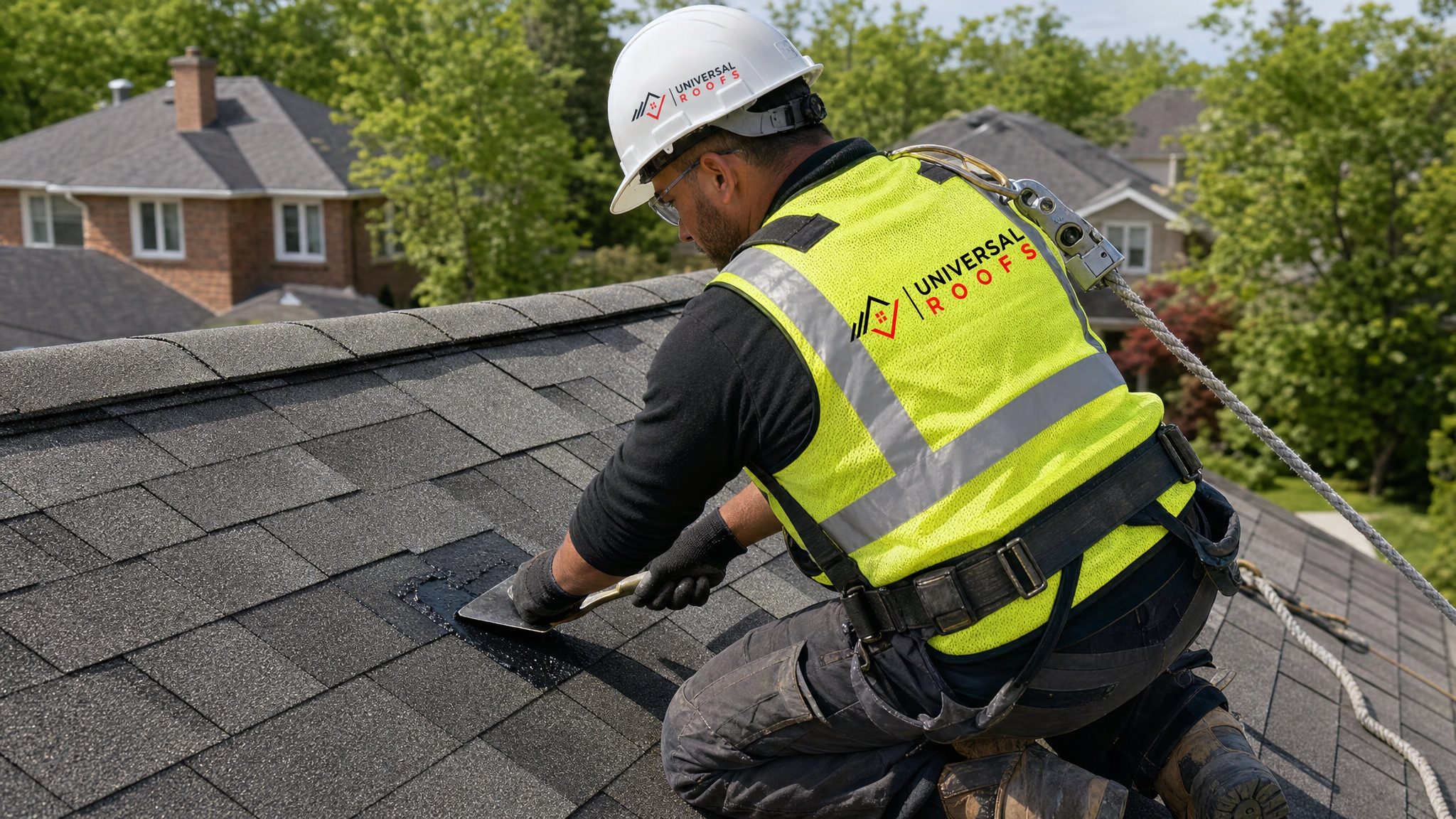 Roofer wearing full safety harness and PPE applying rubberized roofing cement to a shingle patch on a Toronto home