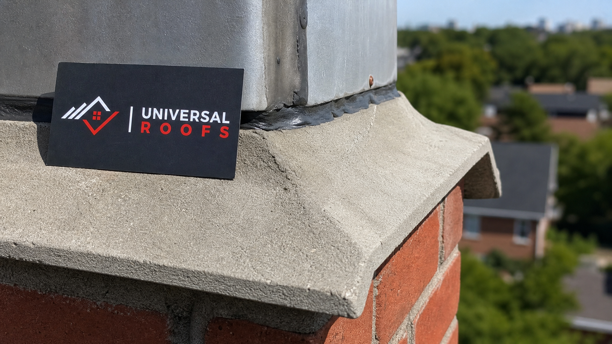 Close-up detail of a chimney crown edge showing proper slope, drip edge overhang, and expansion joint around the flue liner