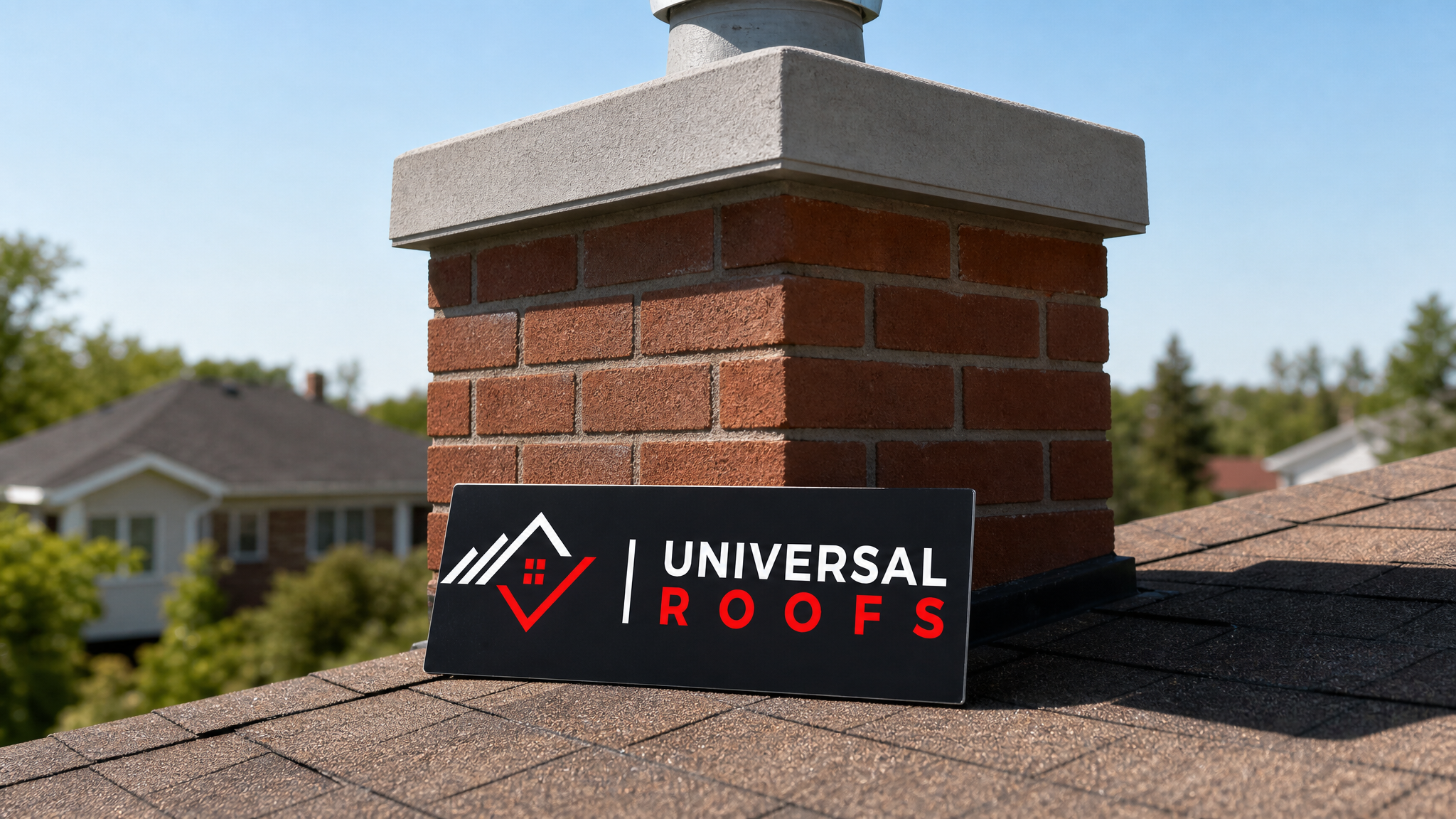Newly restored chimney crown with smooth sloped concrete surface and clean brick chimney on a Toronto home in summer daylight