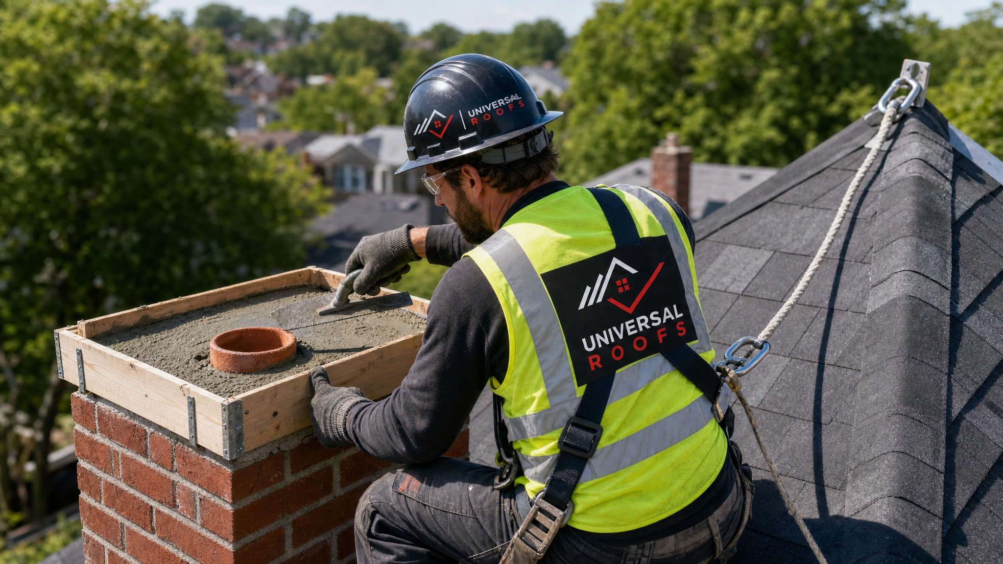 Roofer wearing hard hat, safety glasses, gloves, harness and safety rope troweling fresh concrete on a chimney crown at height on a Toronto rooftop