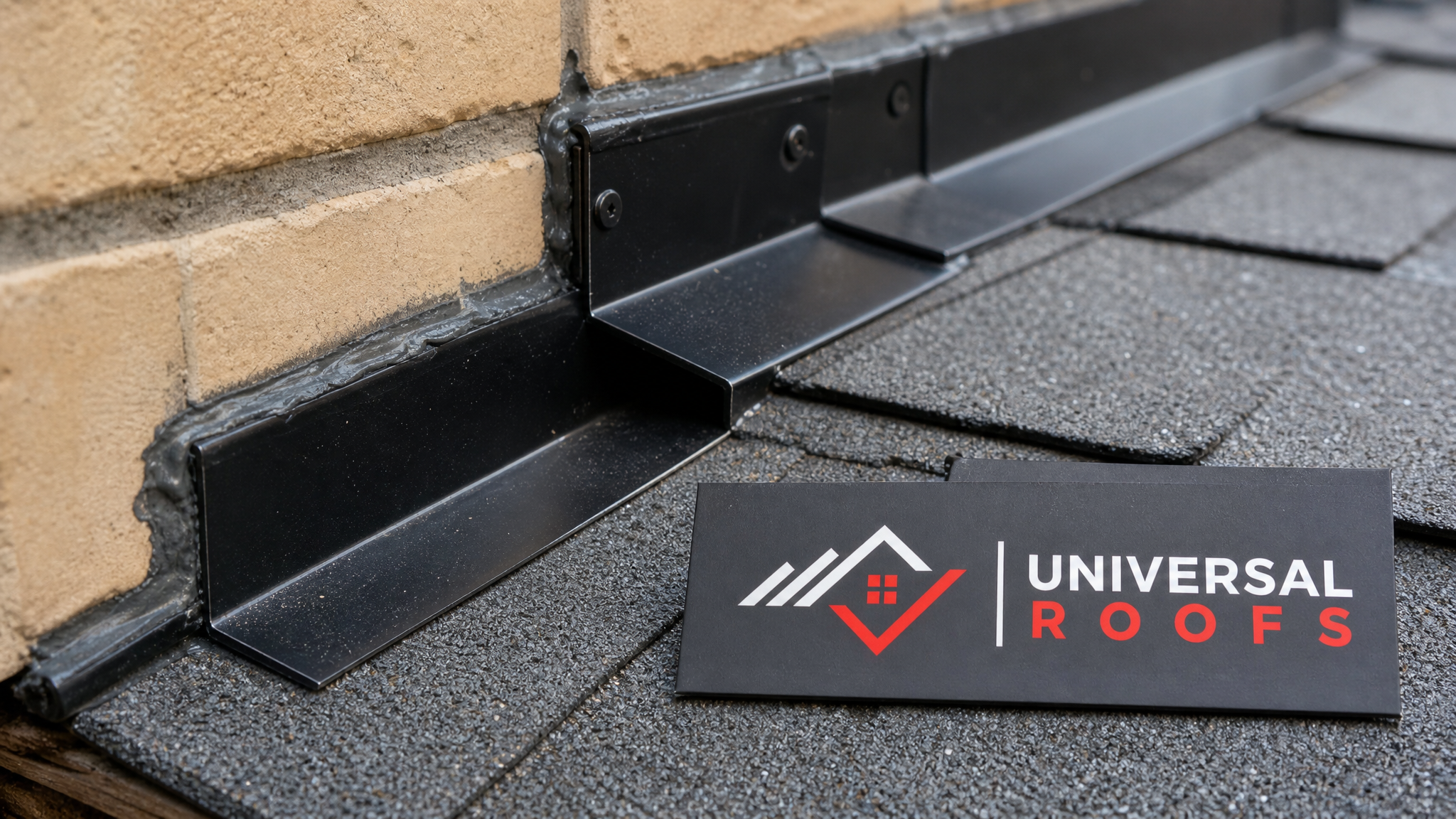 Close-up of new step flashing pieces overlapping shingles beside a Universal Roofs sign placard