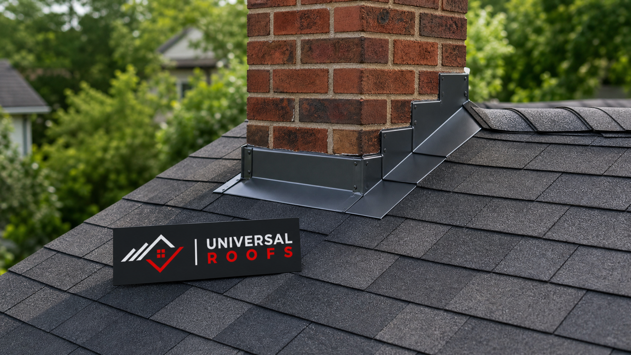 Newly installed metal roof flashing around a brick chimney on a Toronto home in summer daylight