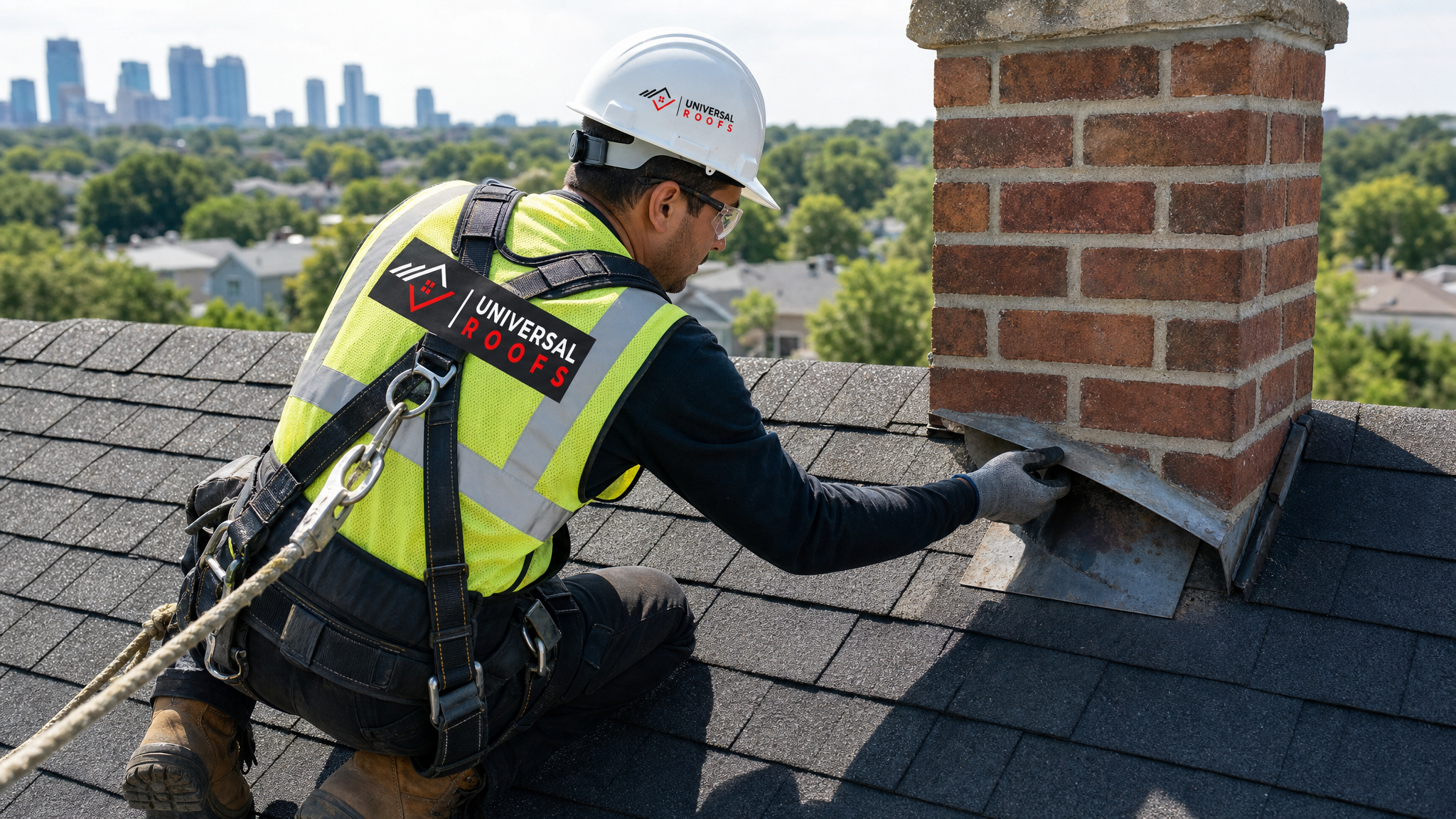 Roofer wearing a harness and fall protection inspecting chimney flashing for rust and lifted seams on a GTA home