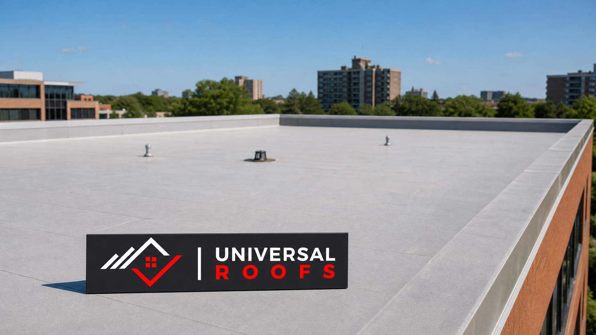 Finished commercial flat roof replacement on a Toronto-area building under summer daylight with a branded Universal Roofs sign placard resting nearby
