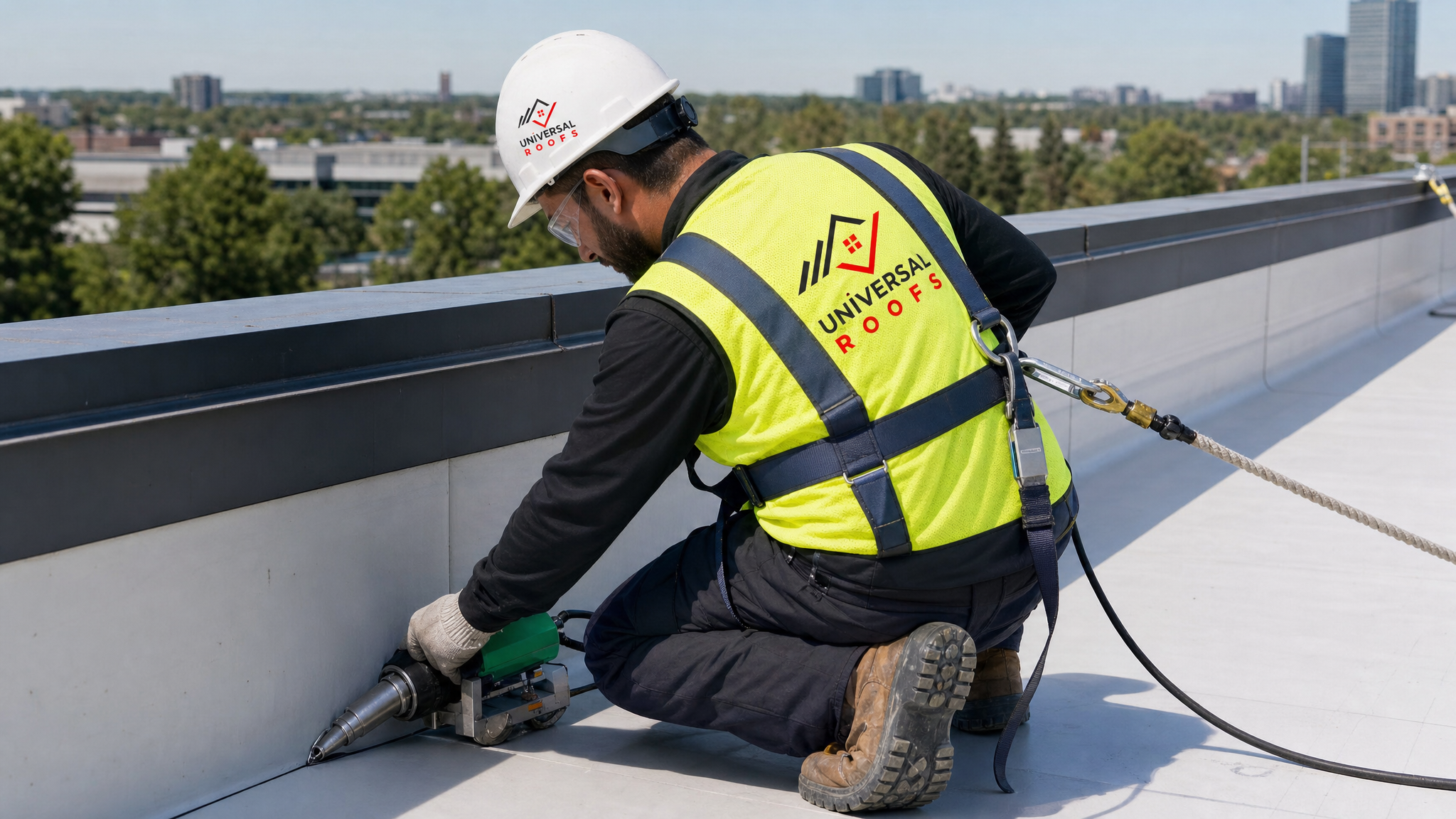 Roofing worker in full safety harness and PPE welding membrane seams on a commercial rooftop replacement project in the GTA
