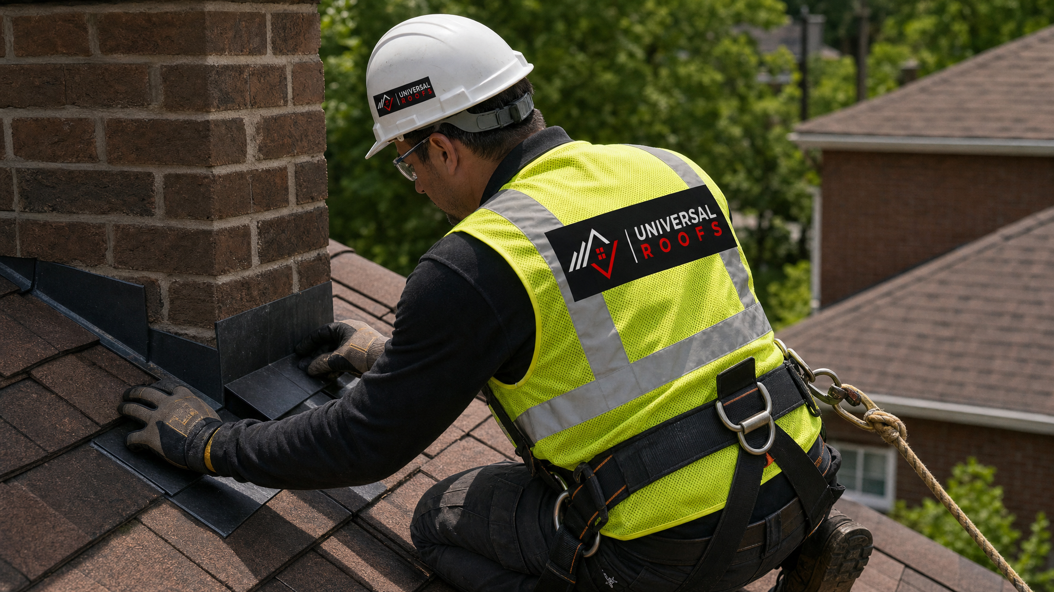 Roofer wearing full safety harness replacing step flashing around a chimney on a tile roof in Toronto