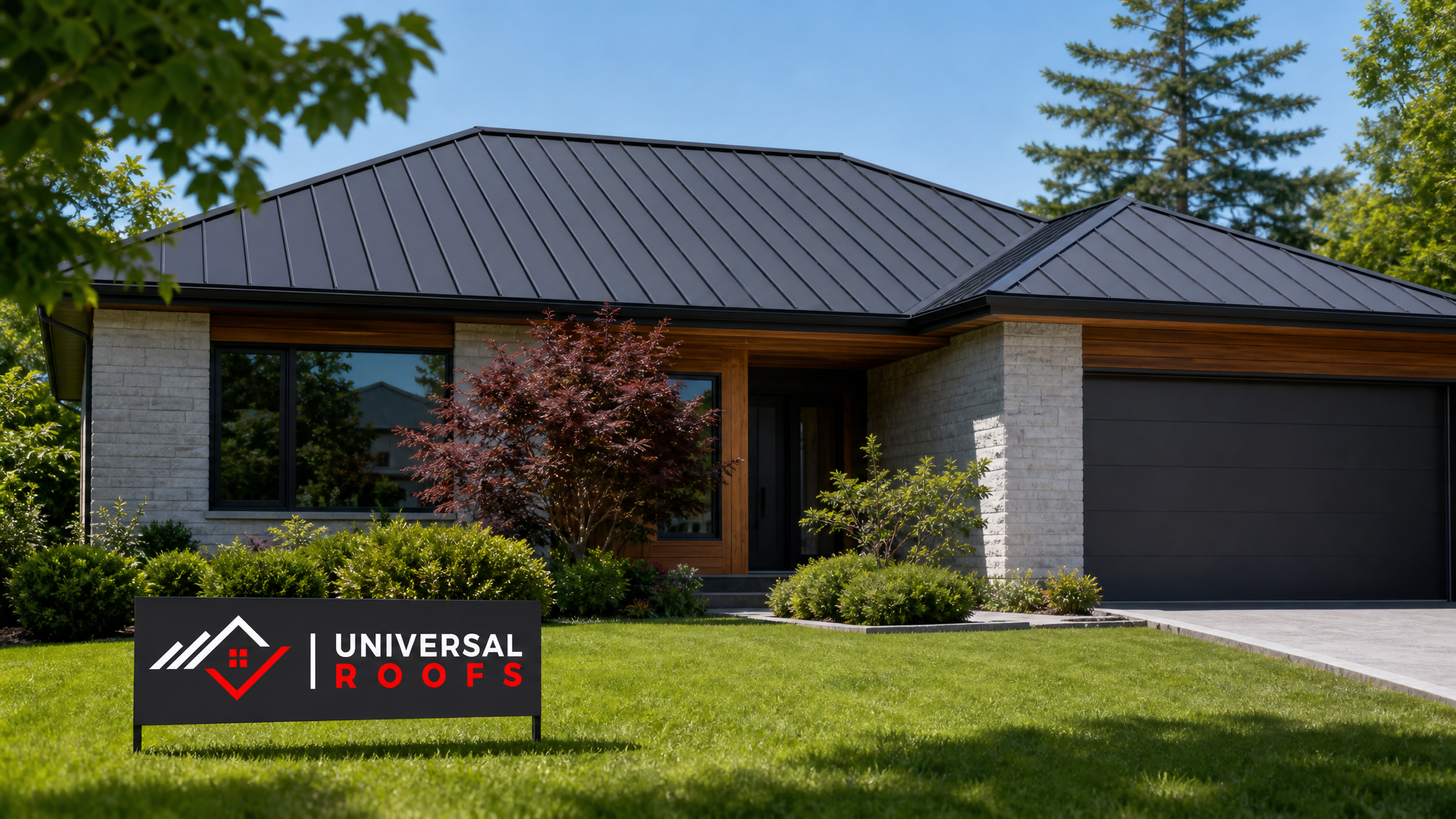 Finished metal roof on a Toronto home in summer daylight with clean standing seam panels and a Universal Roofs sign placard nearby