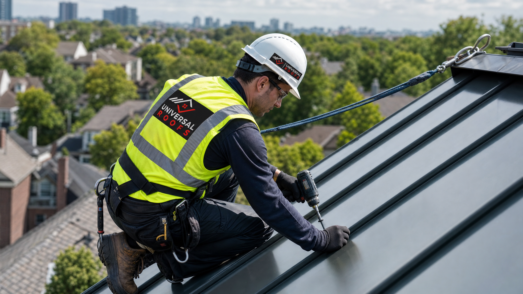 Roofer wearing hard hat, hi-vis vest, harness and safety rope inspecting and repairing metal roof panels on a Toronto home