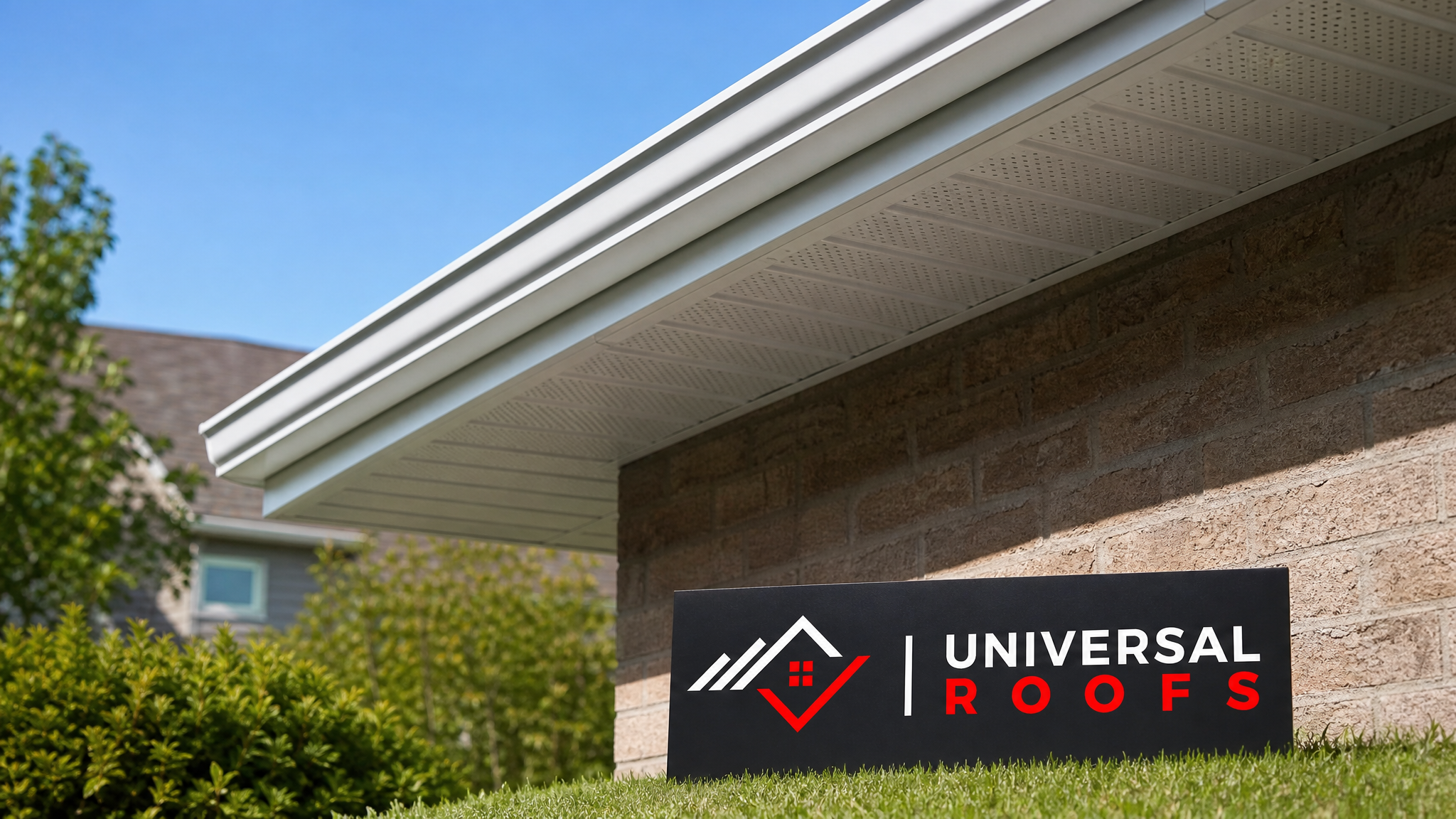 Freshly repaired white aluminum soffit and fascia along the roofline of a Toronto home in summer daylight