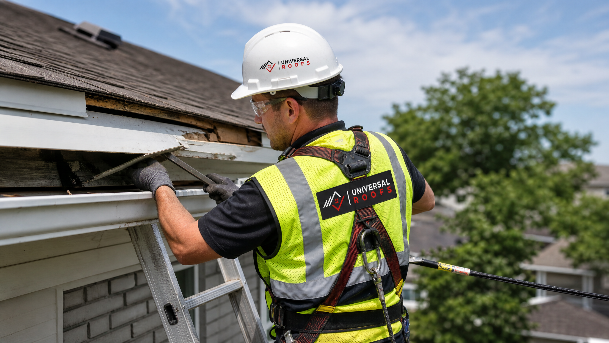 Roofing technician wearing full safety harness replacing a damaged aluminum fascia board at the roofline of a Toronto home