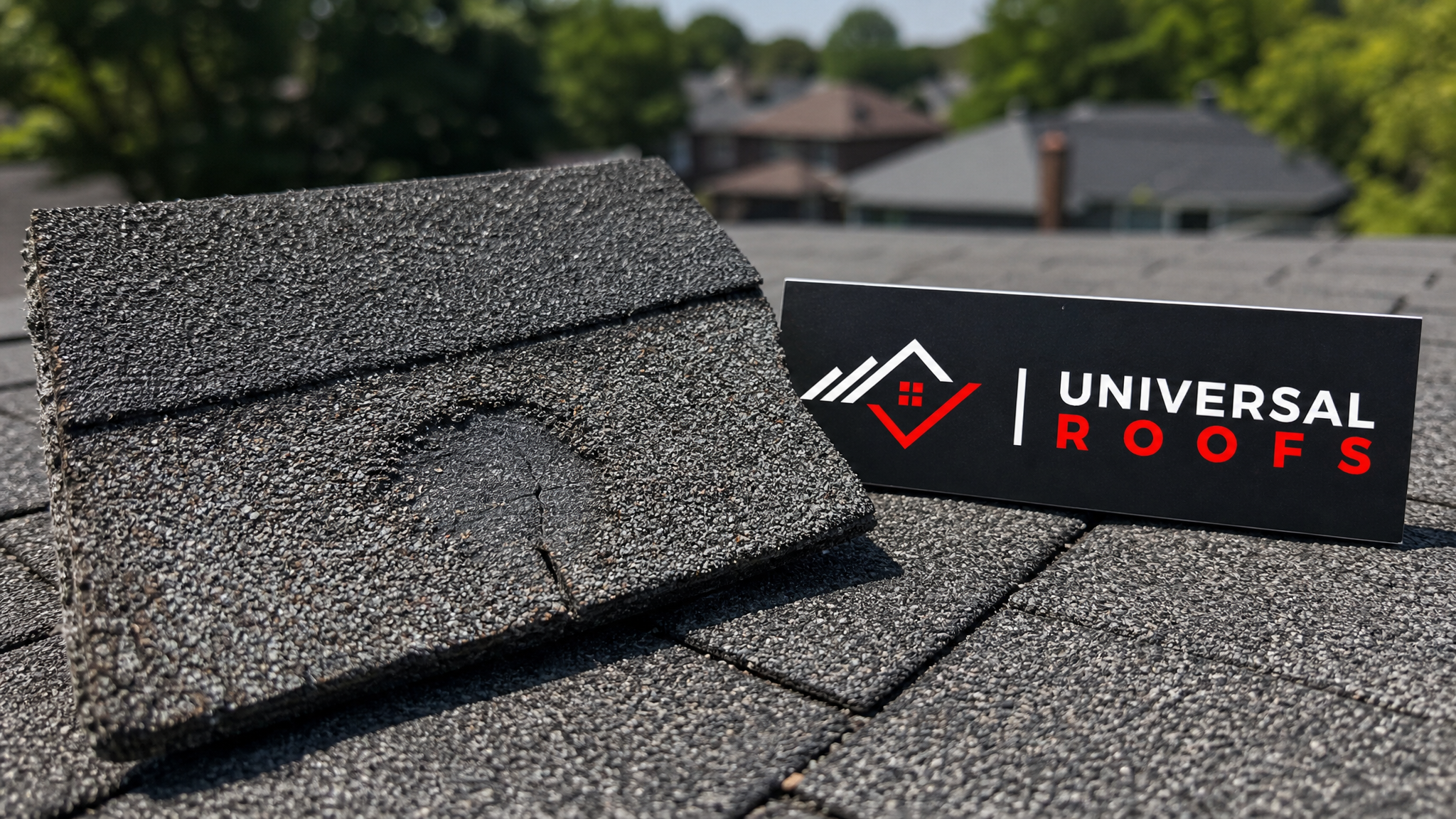 Close-up detail of a hail-bruised asphalt shingle showing granule loss and cracked fibreglass mat, with a small Universal Roofs branded sign placard beside it for scale