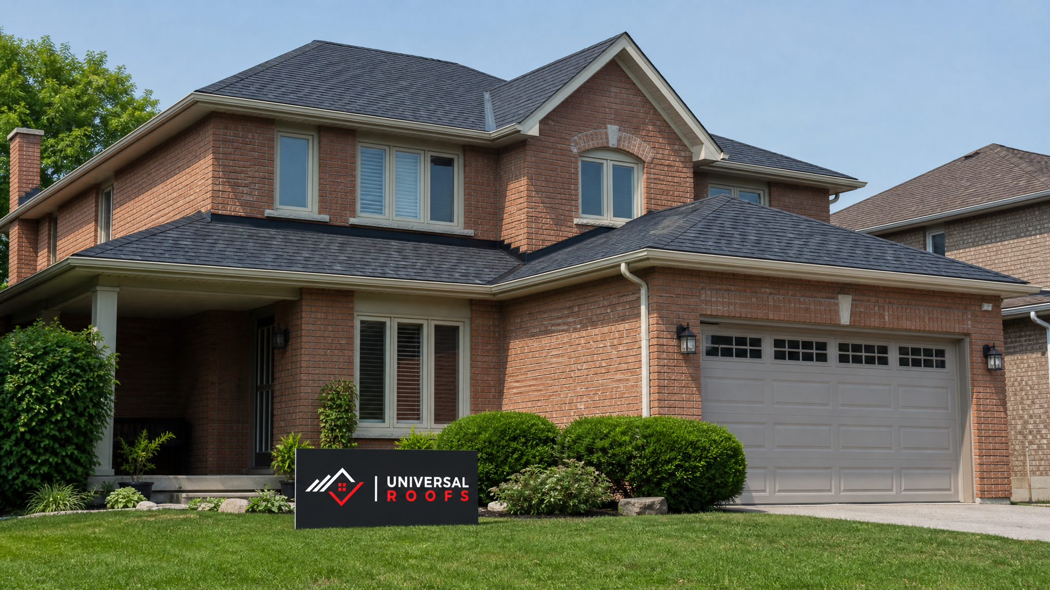 Freshly repaired asphalt shingle roof on a Toronto-area home after hail damage restoration, shown in summer daylight with a Universal Roofs branded sign placard resting on the lawn
