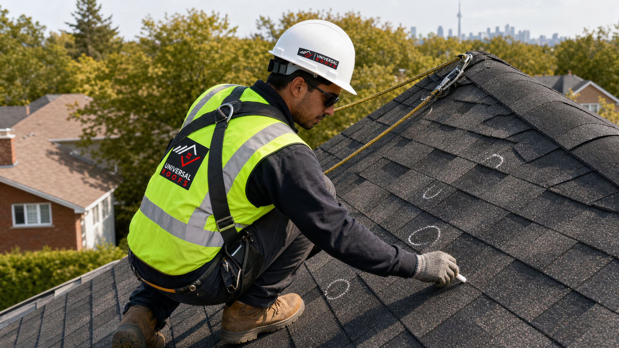 Roofing technician wearing a hard hat, high-visibility vest, safety glasses, gloves, and a fall-protection harness with safety rope inspecting hail-damaged shingles on a steep residential roof in the GTA