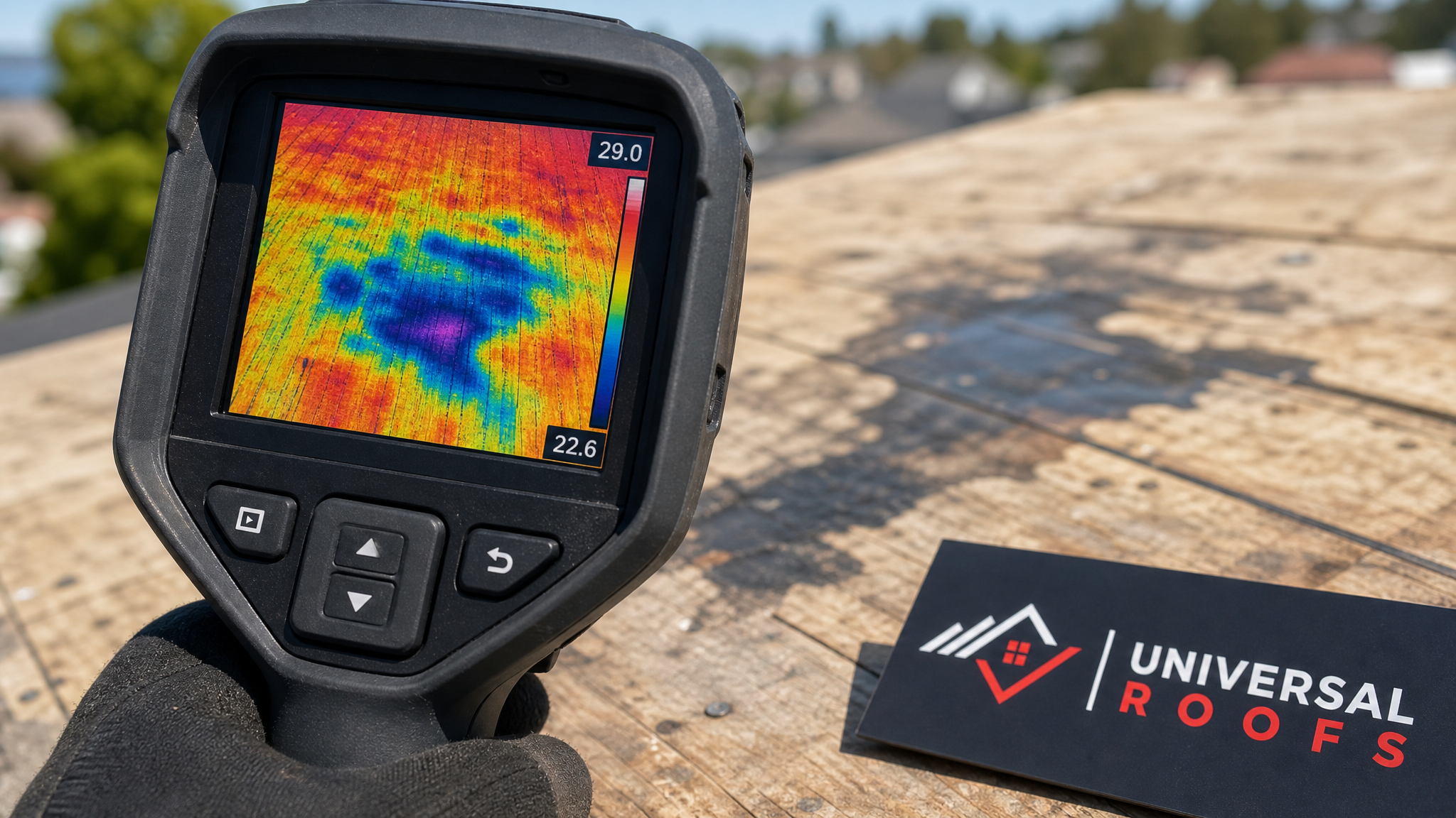 Close-up detail of a thermal imaging camera display showing a moisture footprint pattern against a roof deck surface, branded sign placard visible nearby