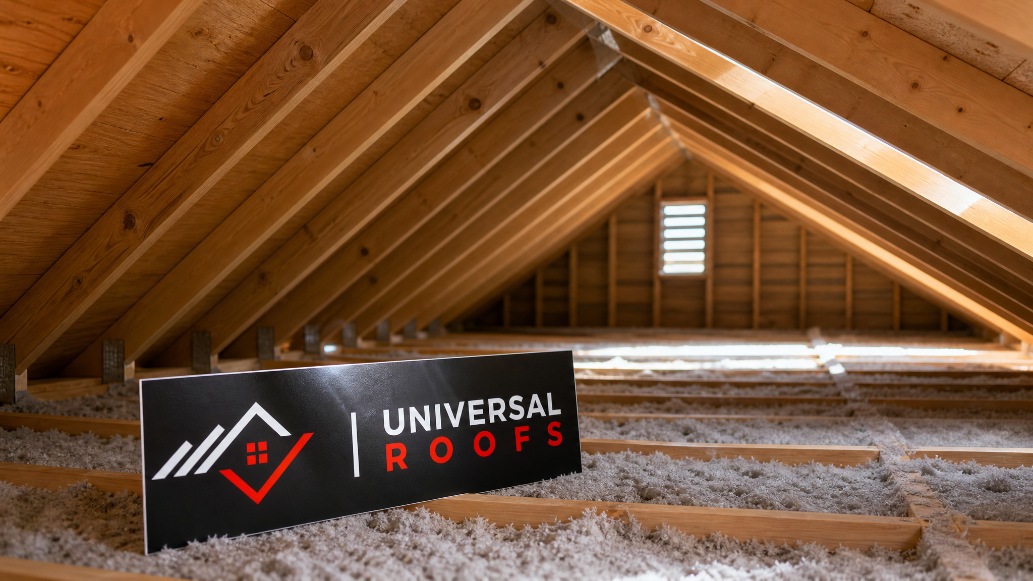 Finished attic space with dry, undamaged wood framing and insulation after a successful roof leak detection and repair, branded sign placard resting nearby, daylight through a nearby vent