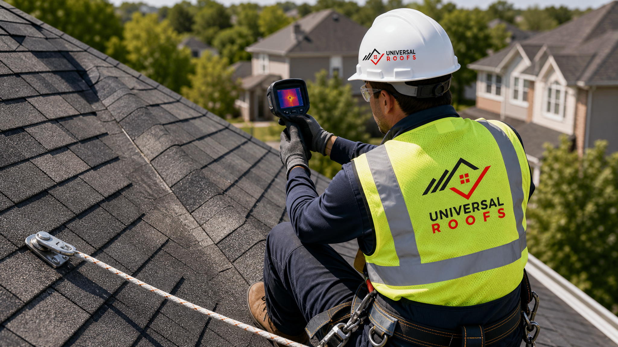 Roofing technician in full safety gear using a thermal imaging camera to inspect a roof surface for hidden moisture, harnessed and tied off at height on a Toronto home in daylight