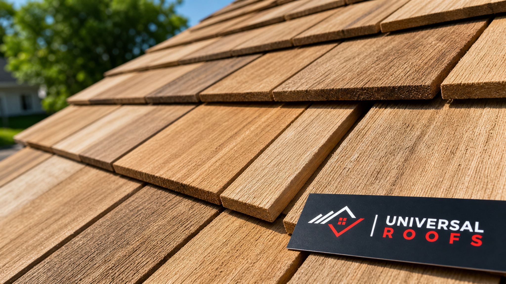 Close-up detail of individually replaced cedar wood shakes showing proper spacing and fastening with a Universal Roofs branded sign placard