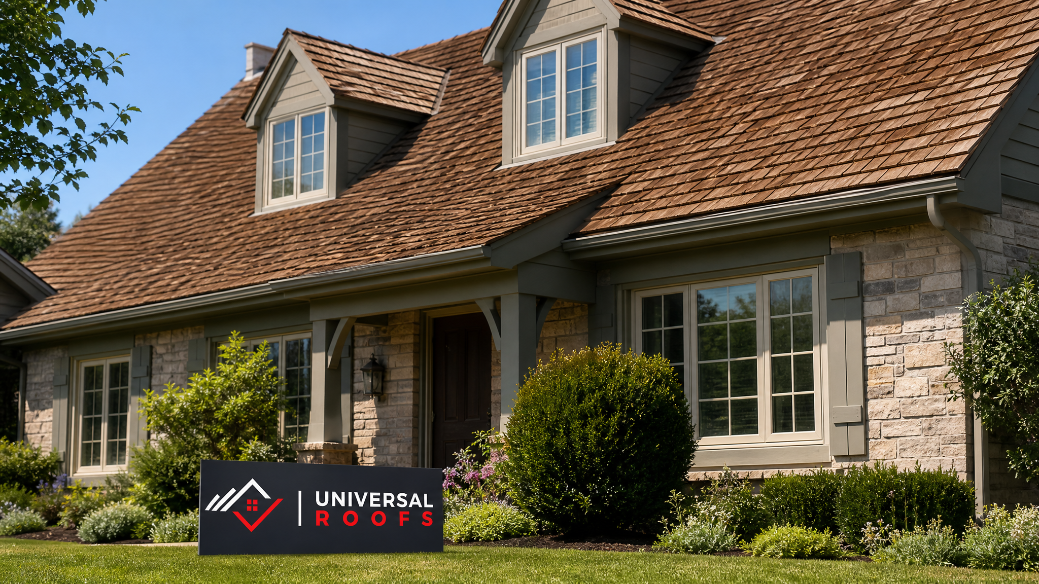 Freshly repaired cedar wood shake roof on a Toronto-area home in summer daylight with a Universal Roofs sign placard nearby
