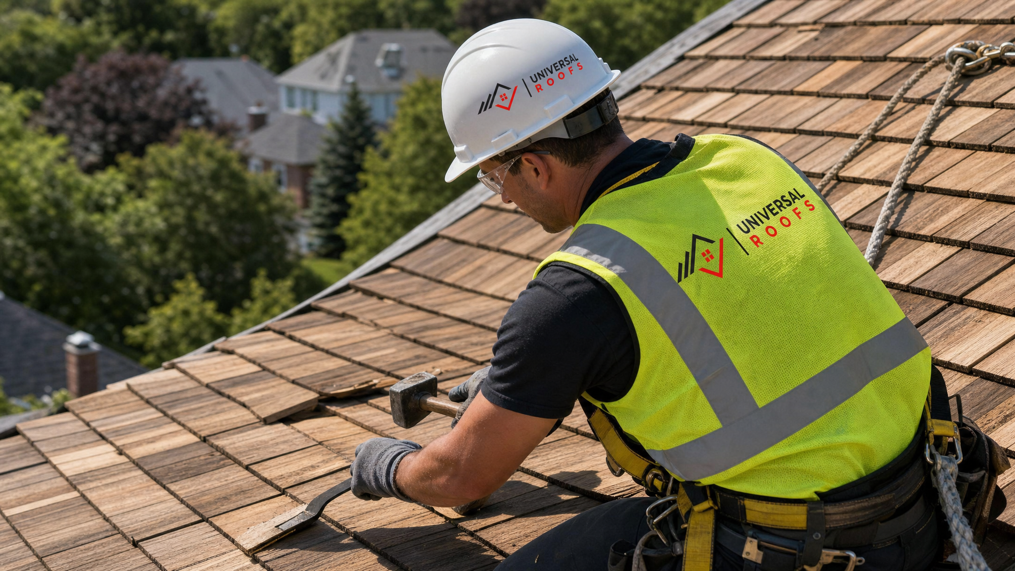 Roofer wearing full safety harness and PPE replacing an individual cedar wood shake on a sloped Toronto roof