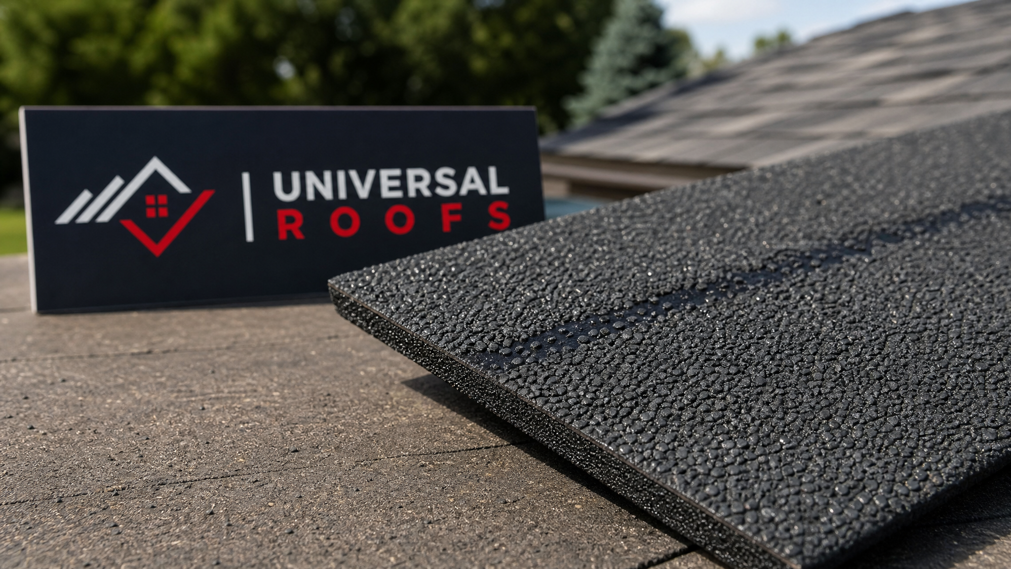 Close-up of a new impact-resistant asphalt shingle with intact granule surface next to a Universal Roofs branded sign placard