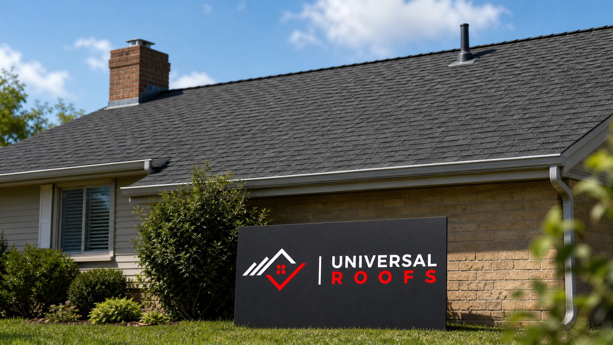 Repaired asphalt shingle roof on a Toronto home after hail damage restoration, shown in summer daylight with a Universal Roofs sign placard nearby