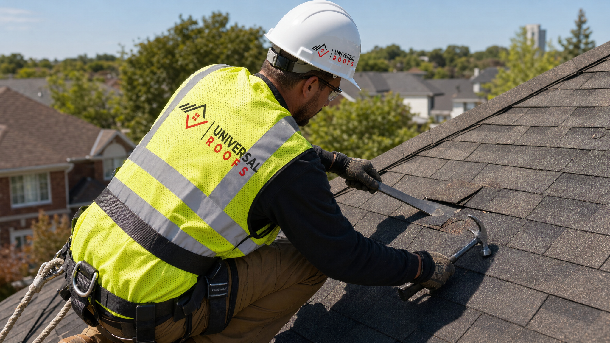 Roofer wearing full safety harness and PPE replacing a hail-damaged asphalt shingle on a steep residential roof in Toronto