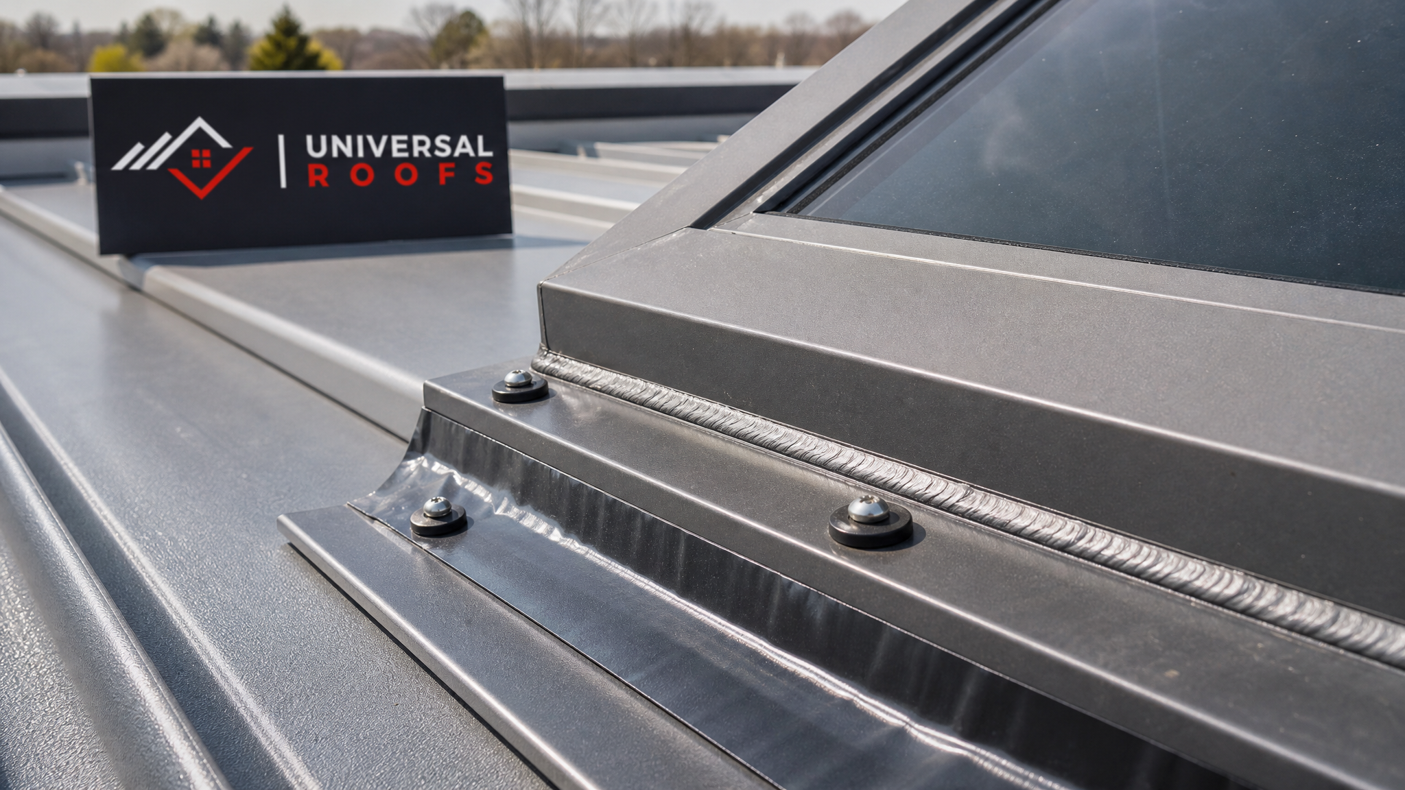 Close-up of butyl flashing tape and sealant bead applied along metal roof skylight curb