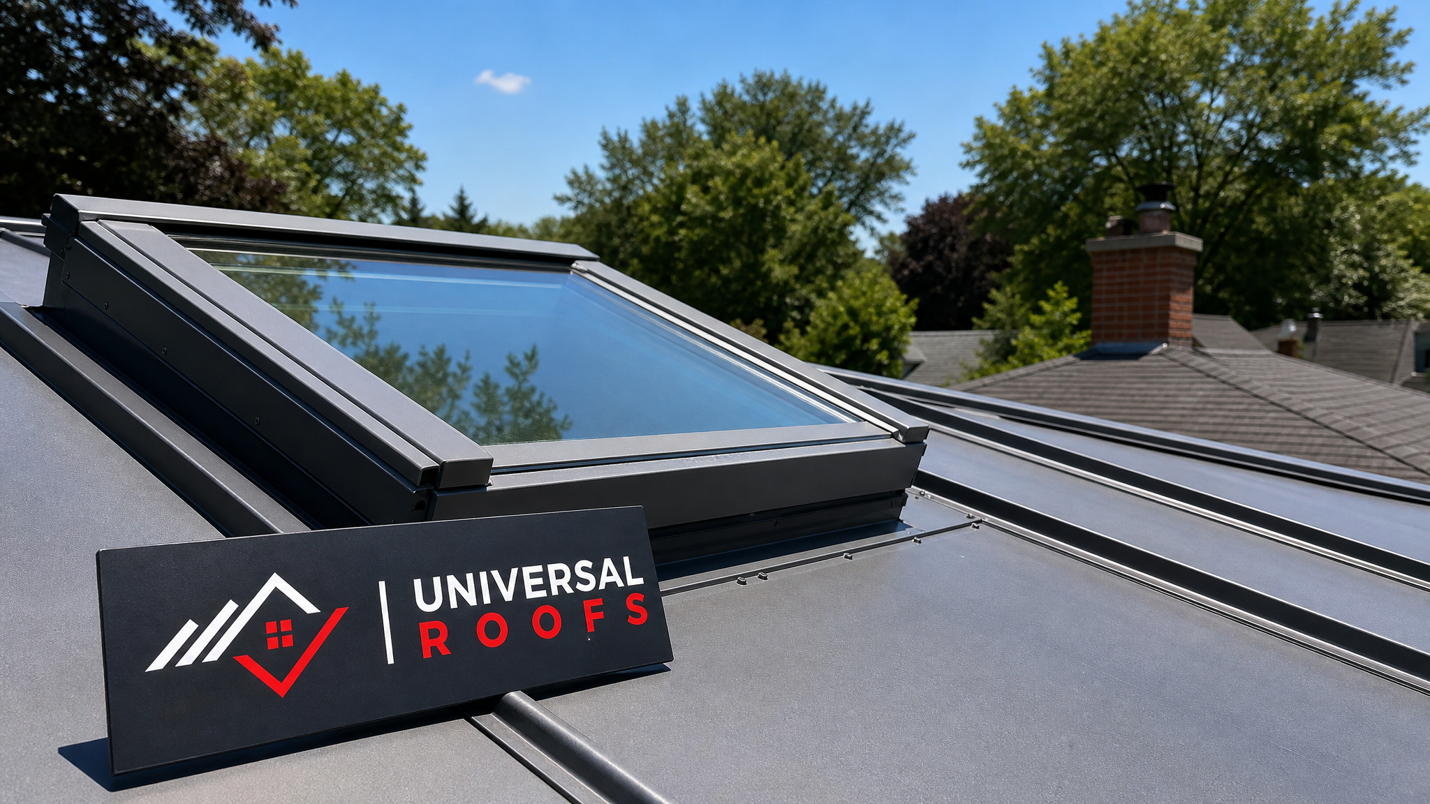 Newly resealed skylight on a metal roof under clear summer sky in a Toronto neighbourhood