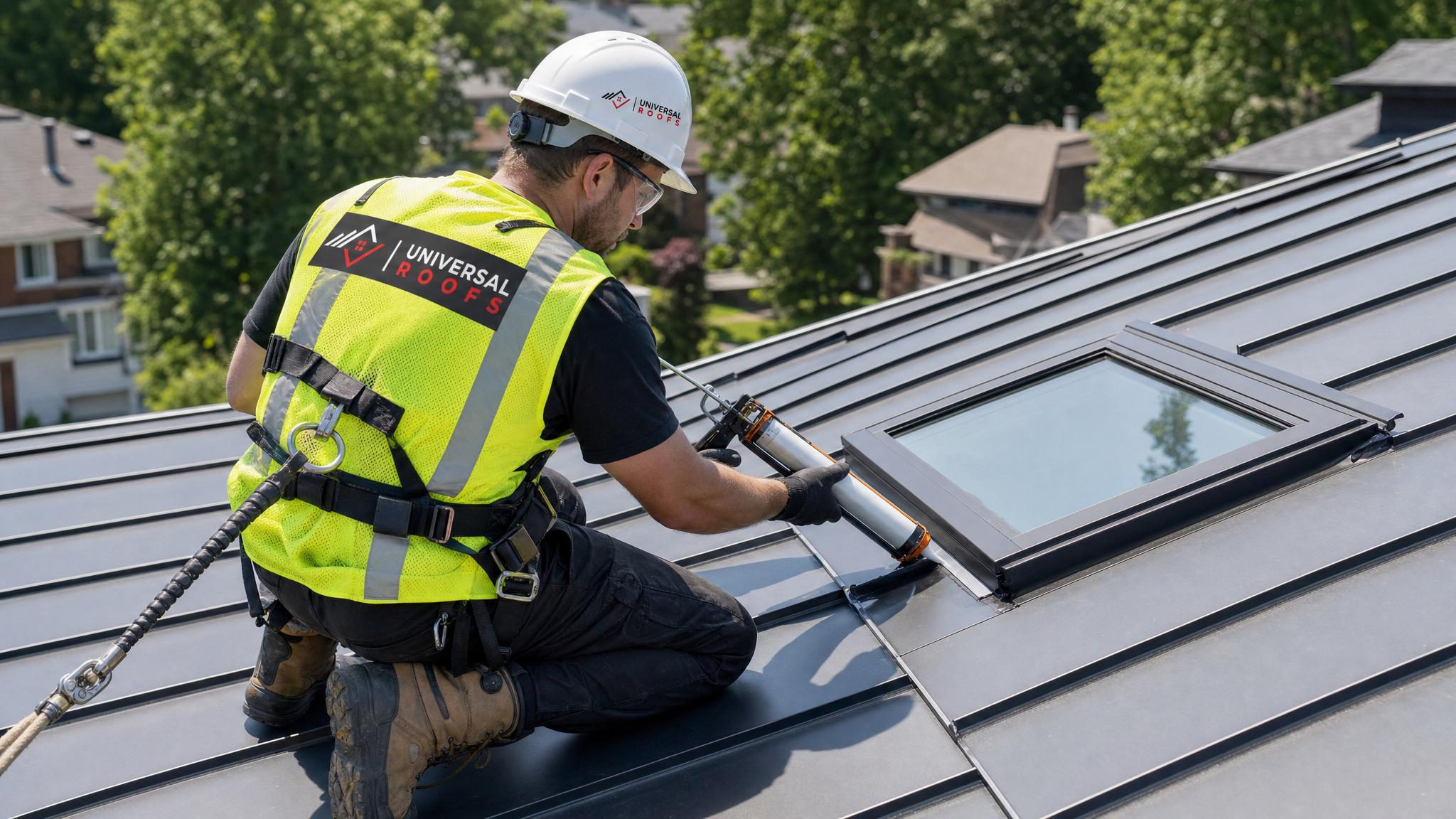 Roofer wearing full safety harness resealing skylight flashing on a metal roof