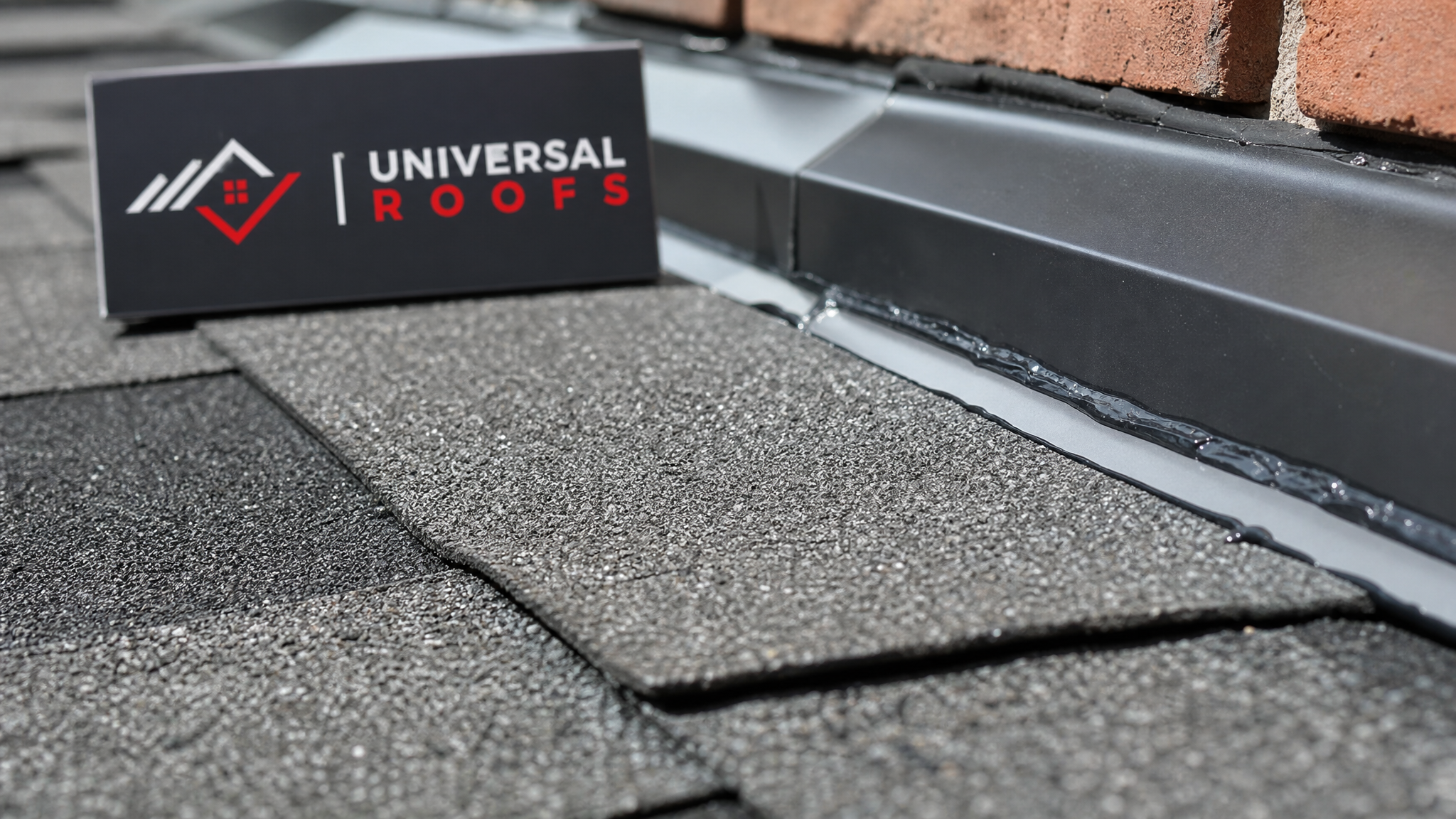 Close-up detail of asphalt shingle granules and roofing cement sealant applied around a flashing edge with a Universal Roofs branded sign placard visible nearby