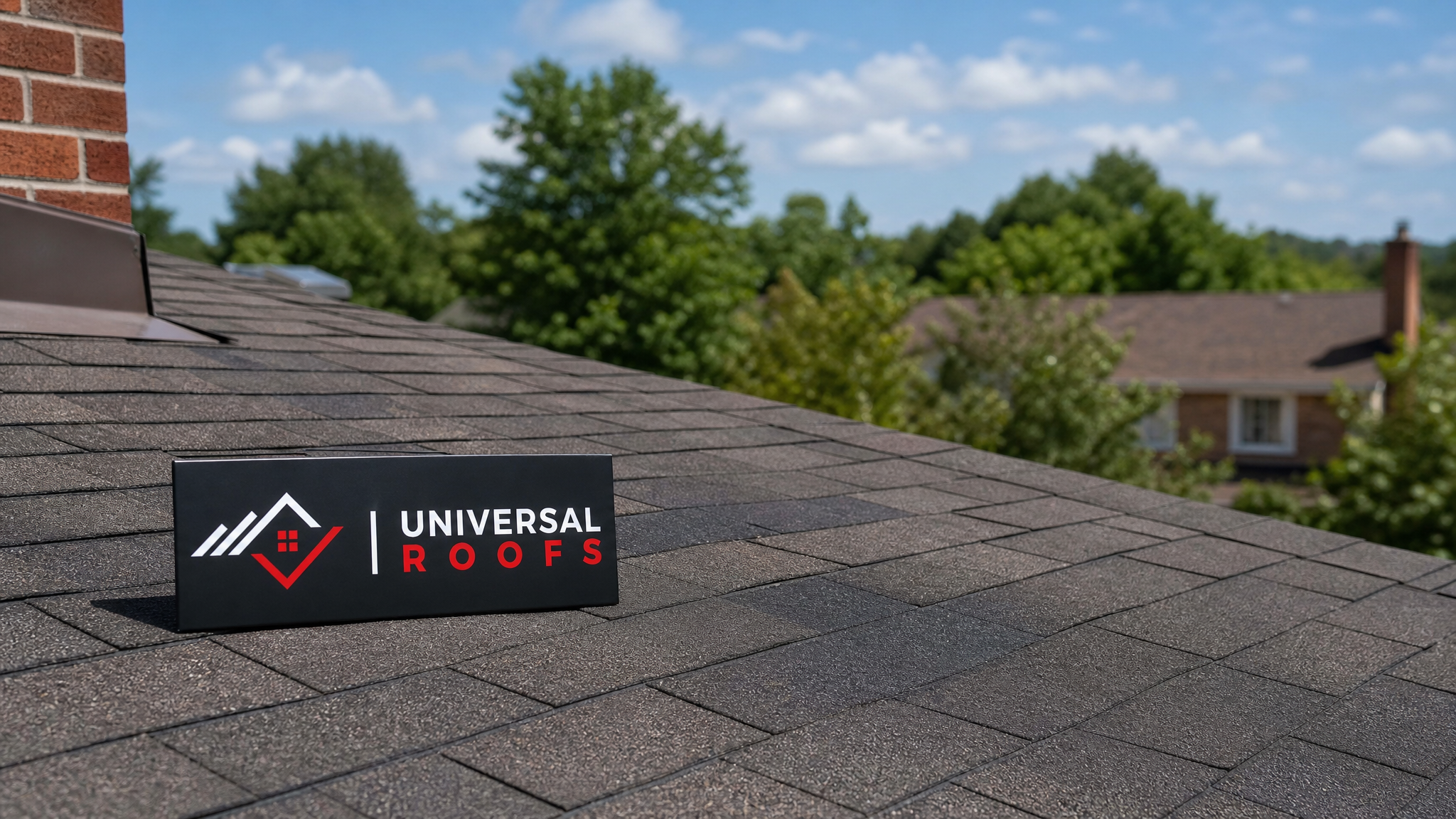 A neatly repaired residential asphalt shingle roof in a Toronto suburb on a sunny summer day with a Universal Roofs branded sign placard resting nearby