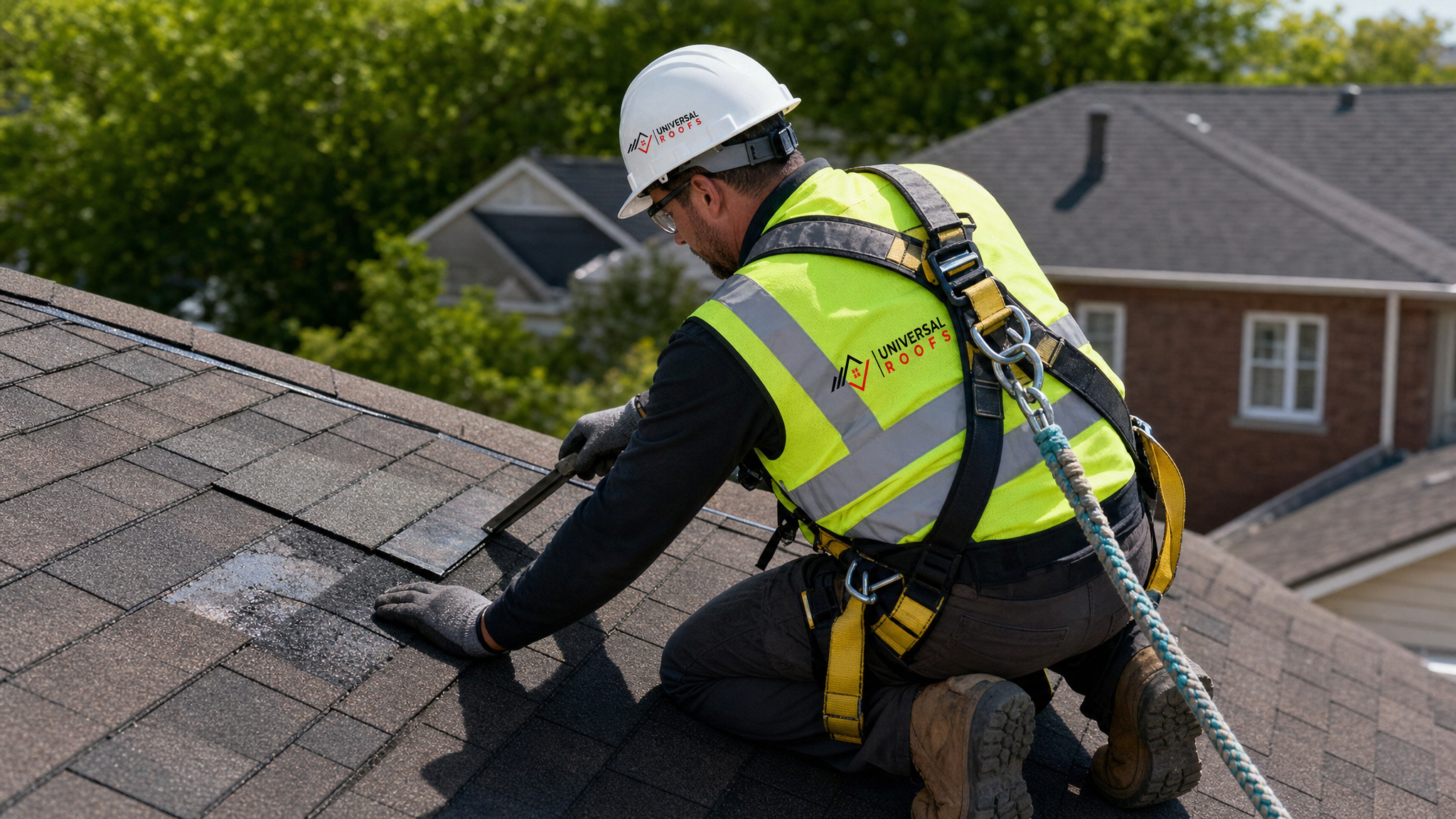 A roofer wearing a hard hat, high-visibility vest, safety glasses, gloves, and a fall-protection harness with safety rope while patching a section of asphalt shingle roofing on a Toronto home in daylight