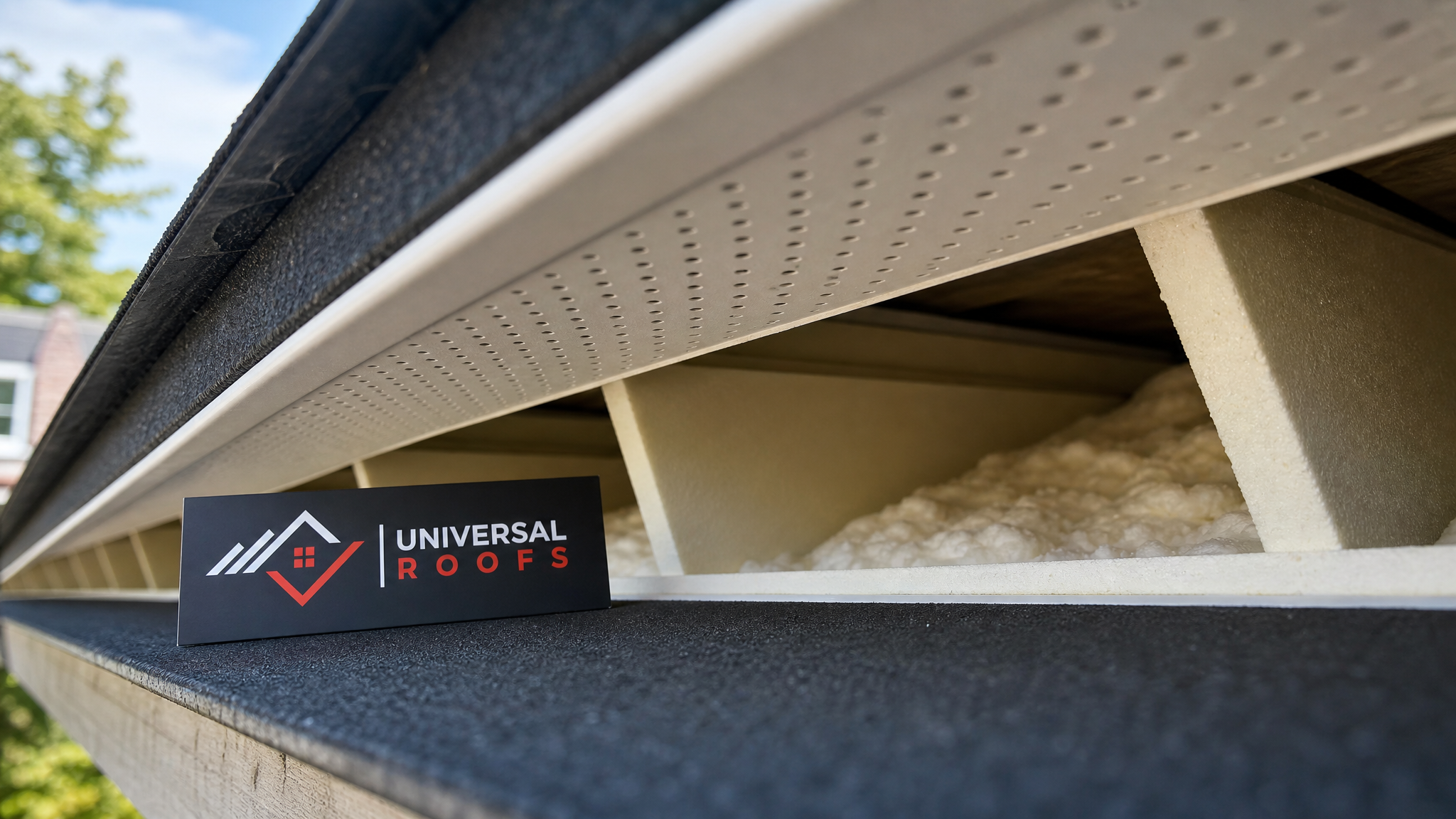 Close-up detail of a soffit vent panel and insulation baffle installed at the roof eave