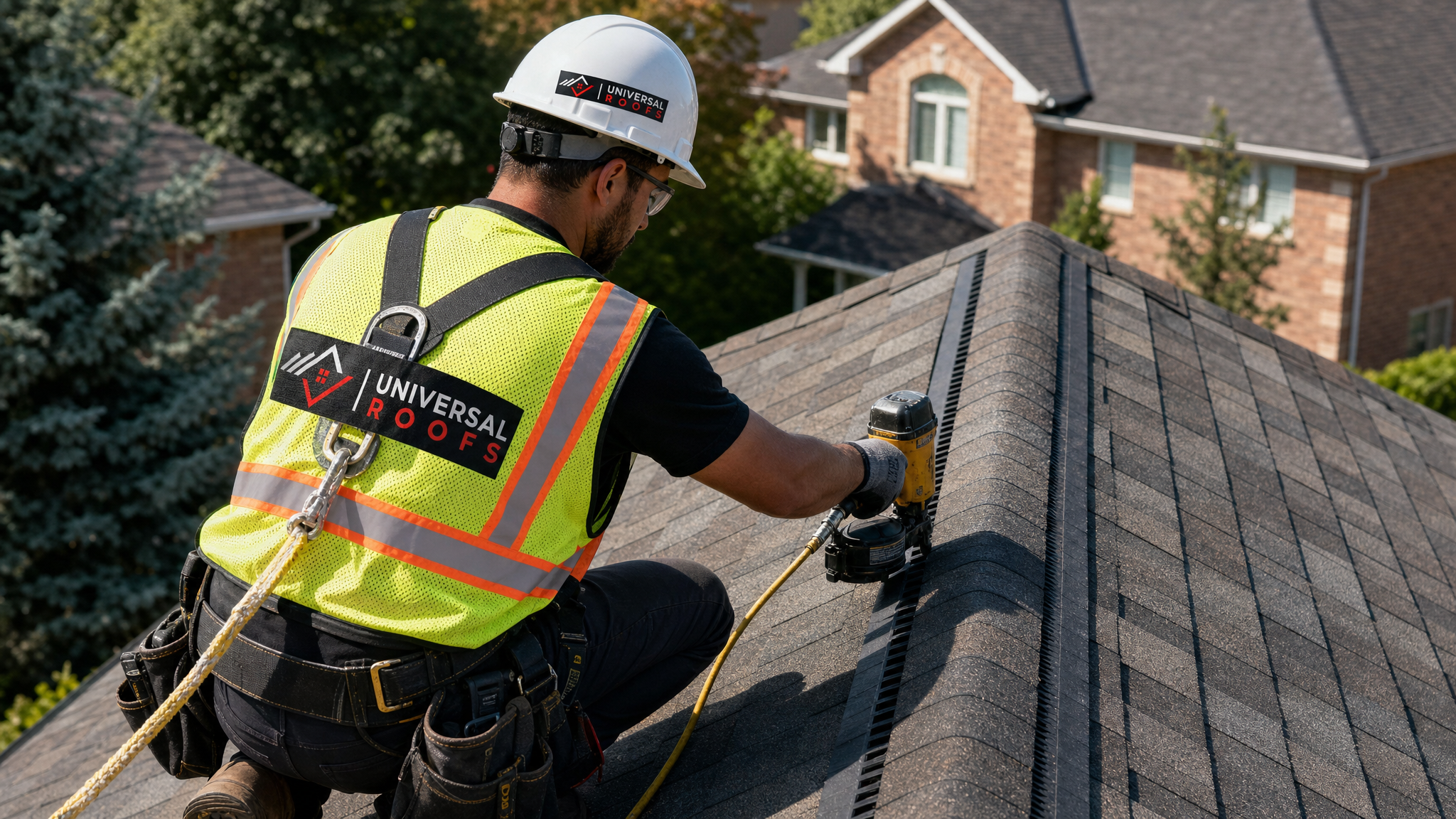 Roofing technician installing a ridge vent along the peak of a residential roof in summer