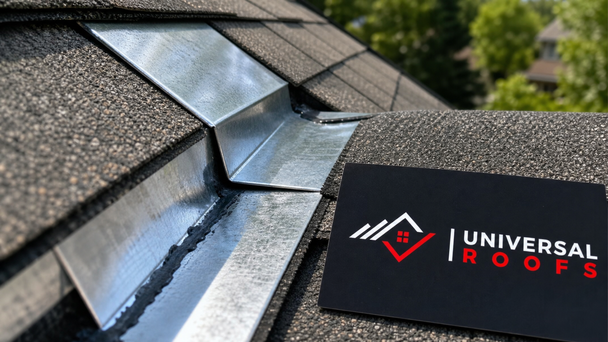 Close-up detail of new step flashing and sealant correctly installed along a roof valley, with a small branded sign placard nearby
