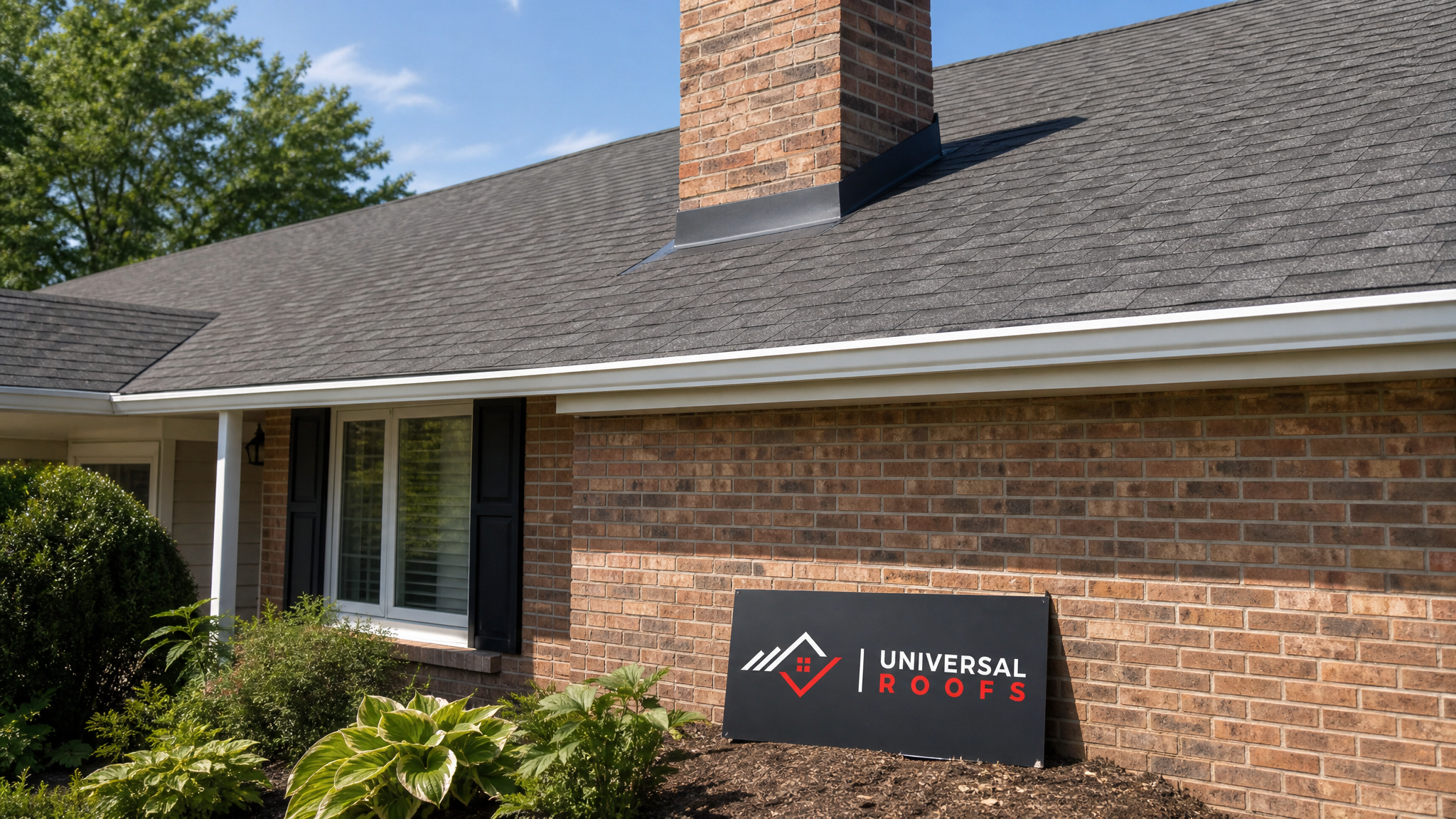 Freshly repaired asphalt shingle roof on a Toronto home with new flashing and shingles blending seamlessly, summer daylight, no visible leak stains