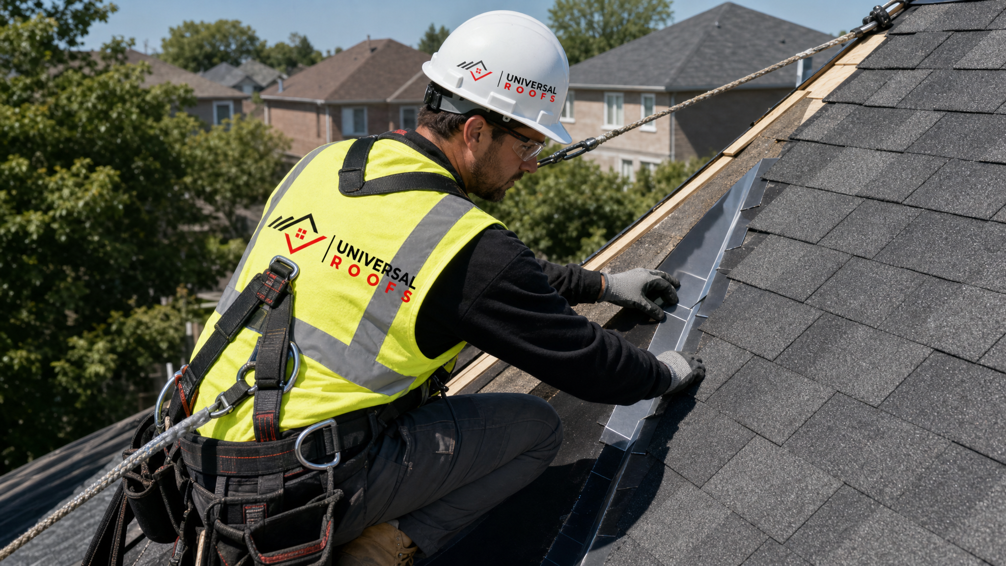 Roofer wearing hard hat, safety glasses, gloves, and fall-protection harness installing new flashing on a sloped residential roof in daylight