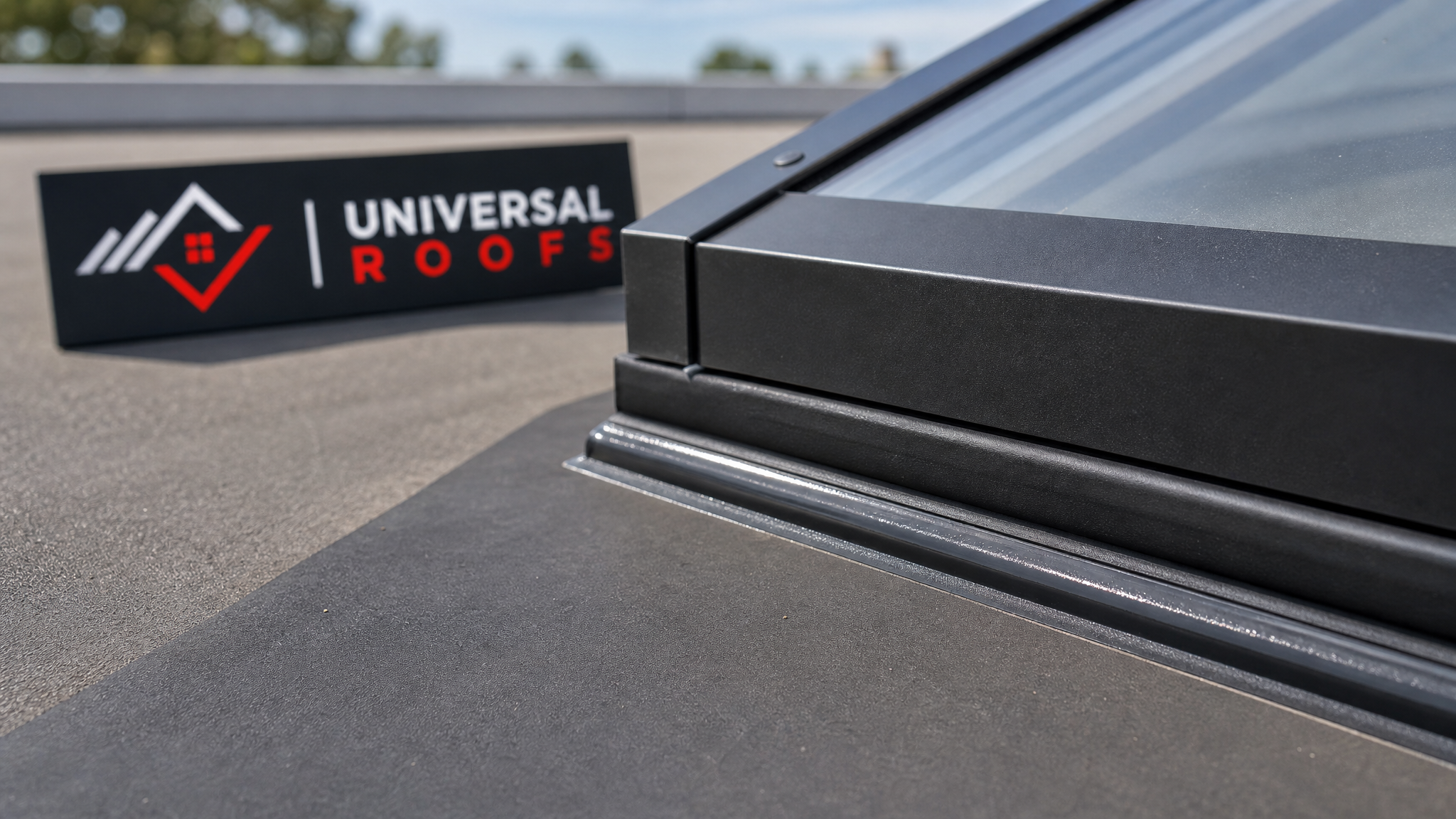 Close-up of new rubber gasket and sealant bead around a commercial skylight frame edge