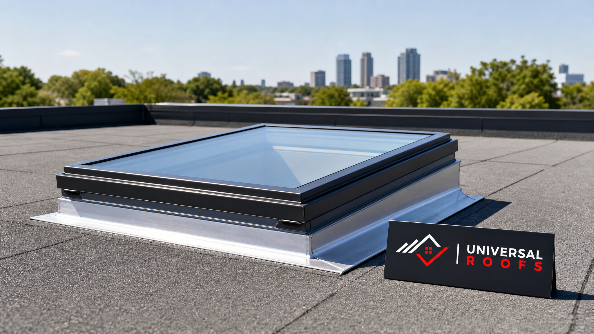 Repaired commercial skylight on a flat roof with clean flashing and clear glazing under summer daylight
