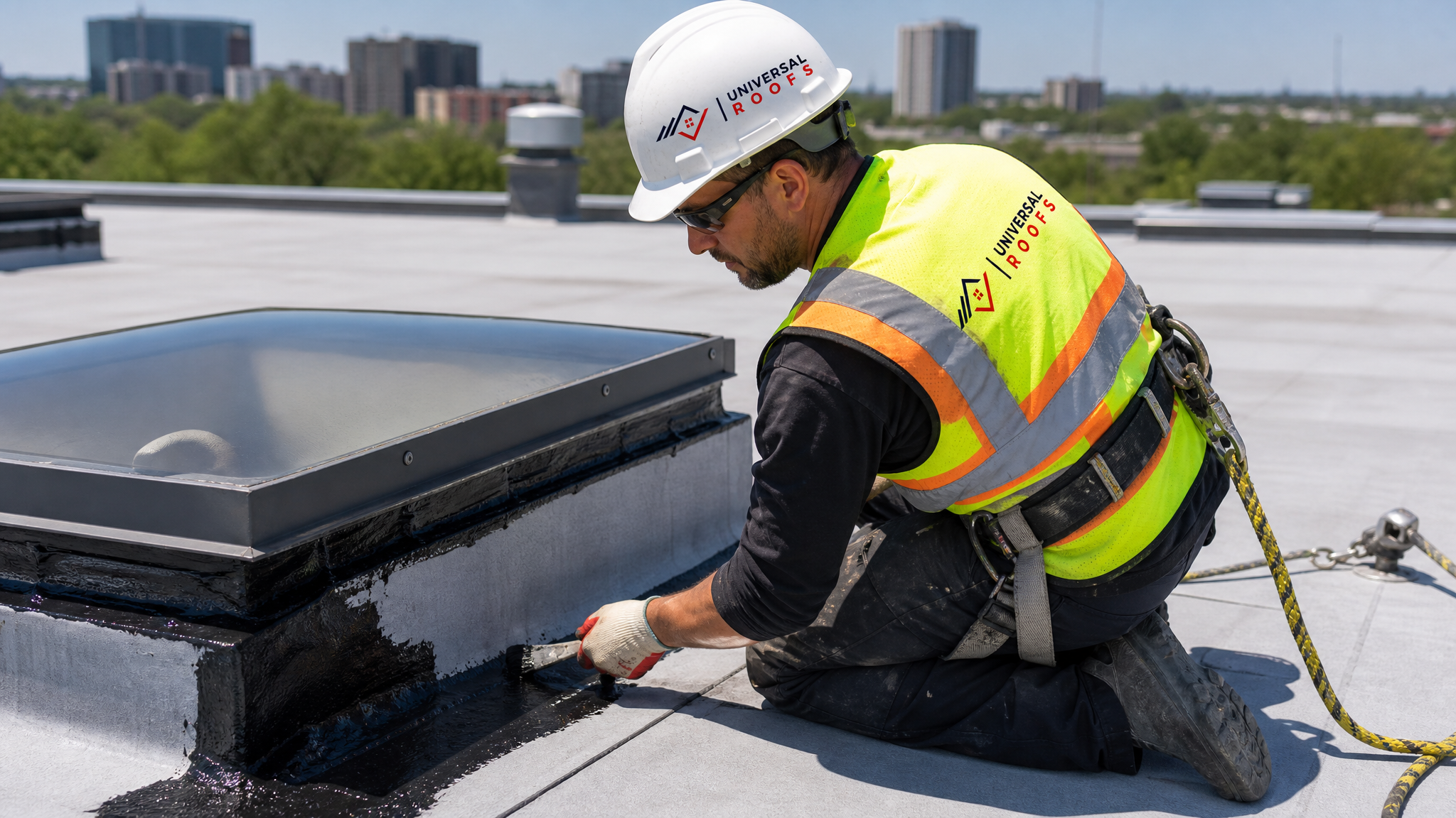 Roofer wearing full safety harness repairing flashing around a commercial skylight curb on a flat roof